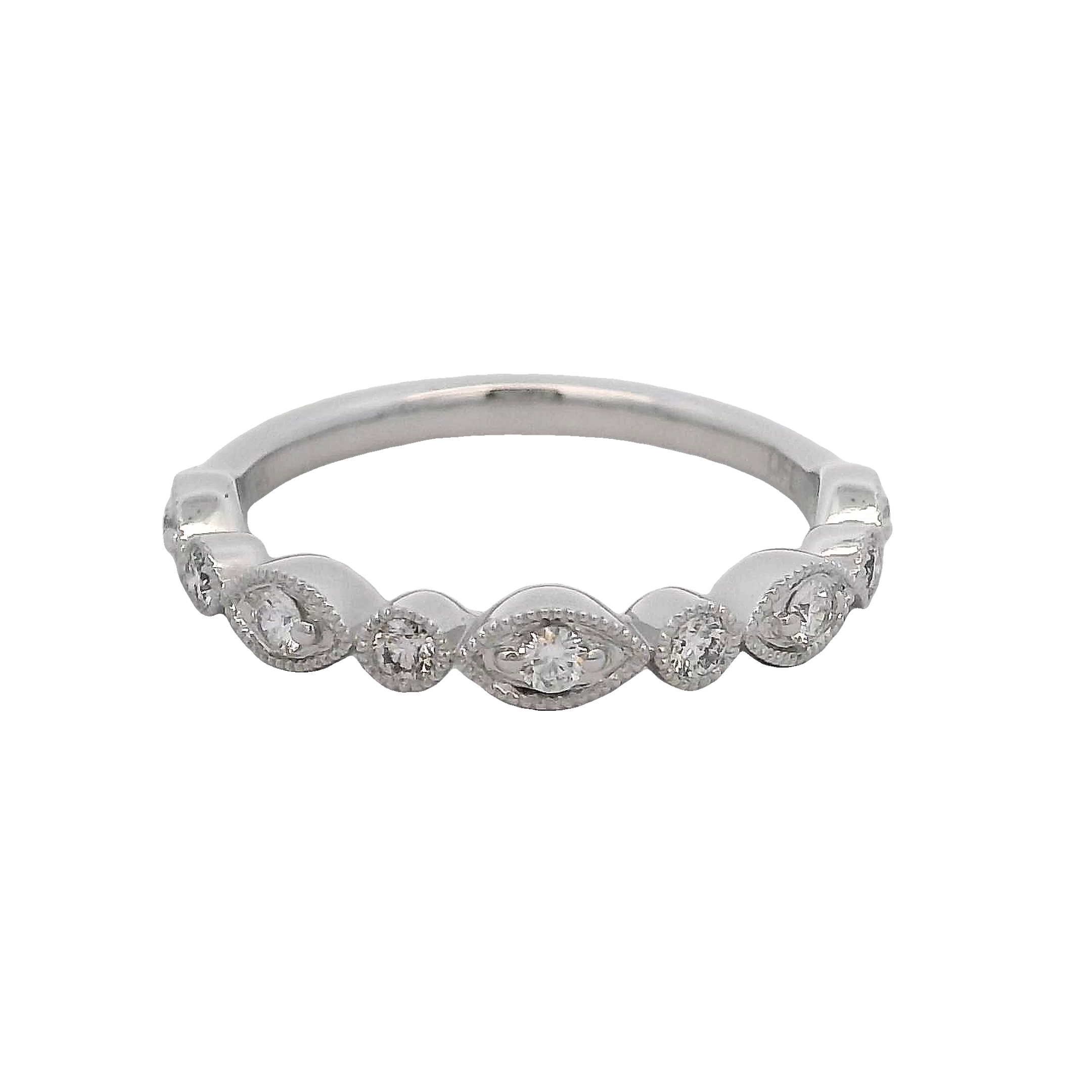 14k White Gold Round And Marquise Bezel Diamond Wedding Band