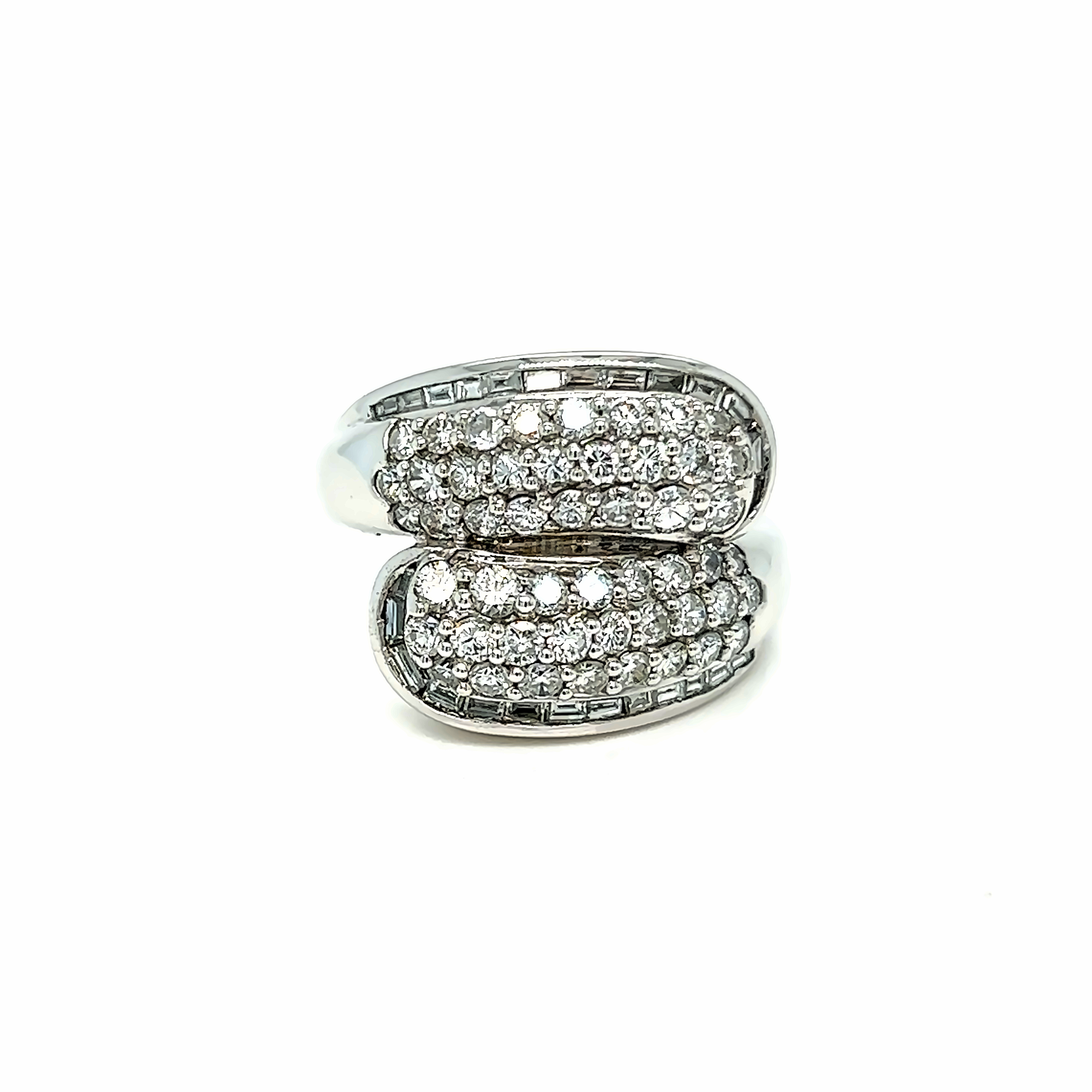 White 14 Karat Cluster Fashion Ring Size 8 50=1.44tw Round Brilliant G I Diamonds  26=0.33tw Baguette G I Diamonds