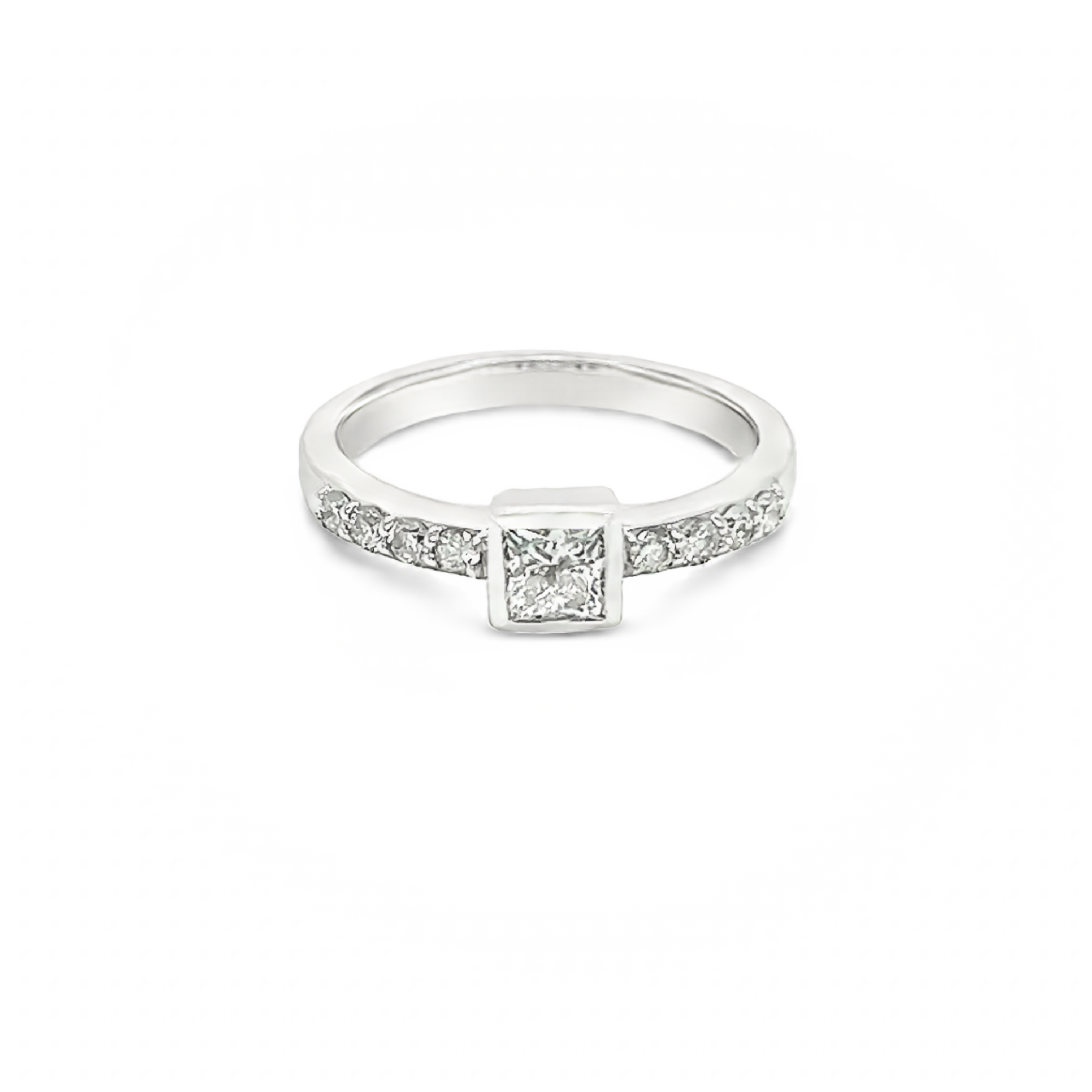 White 14 Karat Contemporary Fashion Ring with One 0.48ct Princess G I Diamond  8=0.17tw Round Brilliant G I Diamonds