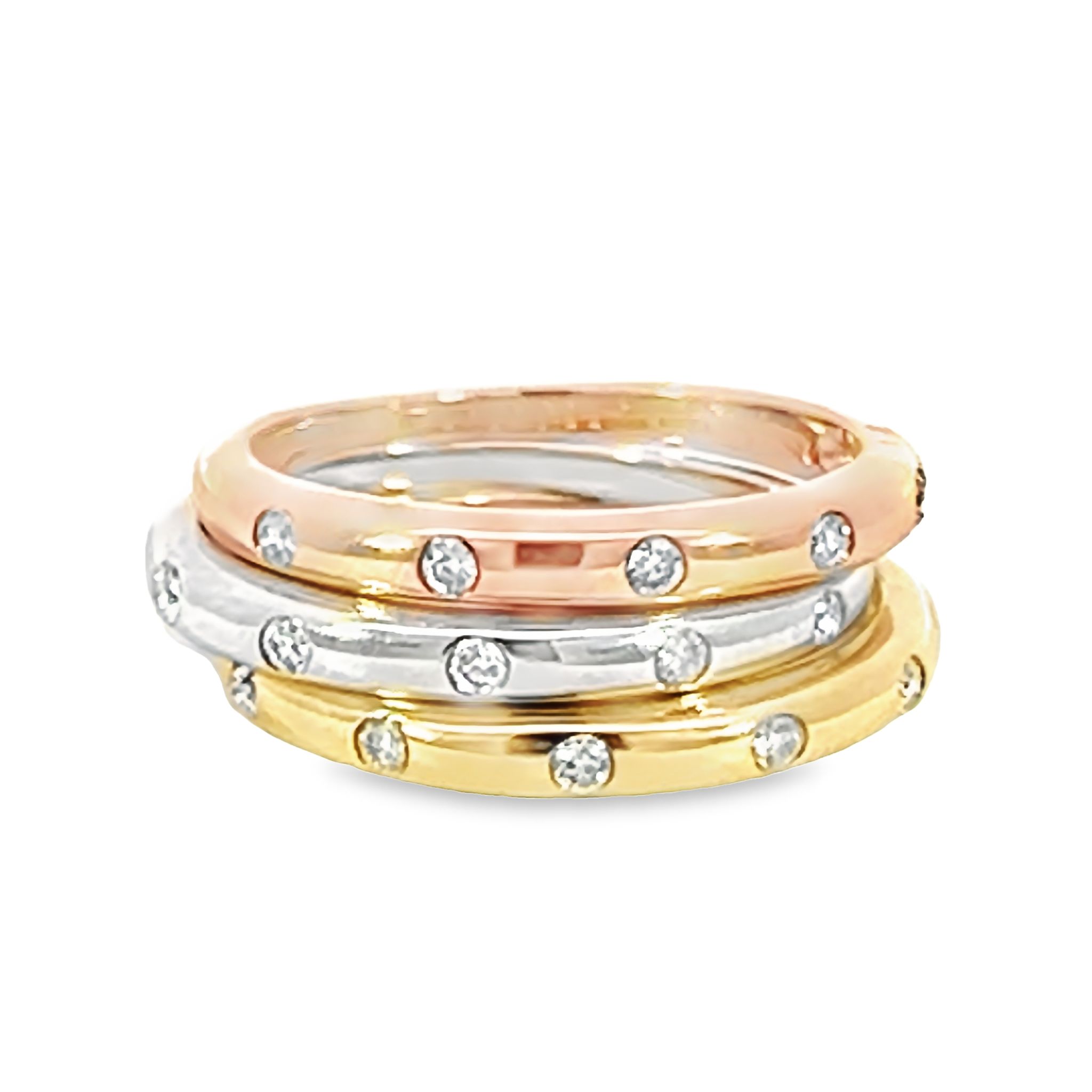 14 Karat Rose  Yellow and White Gold Stacking Fashion Rings With 15=0.07Tw Round Brilliant G I Diamonds