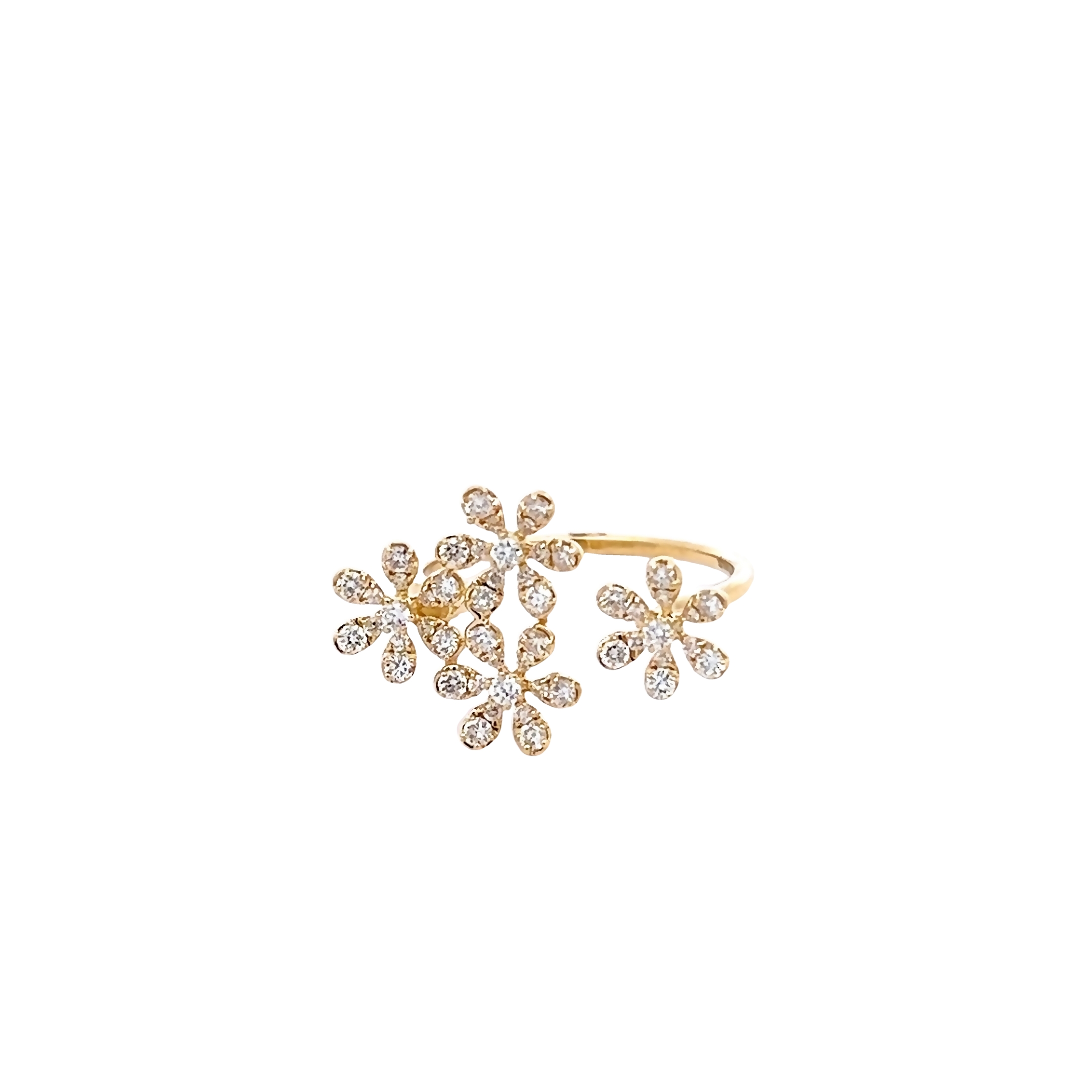 14 Karat yellow gold flower ring with 52=0.47 total weight round brilliant G SI Diamonds. Size 6.5