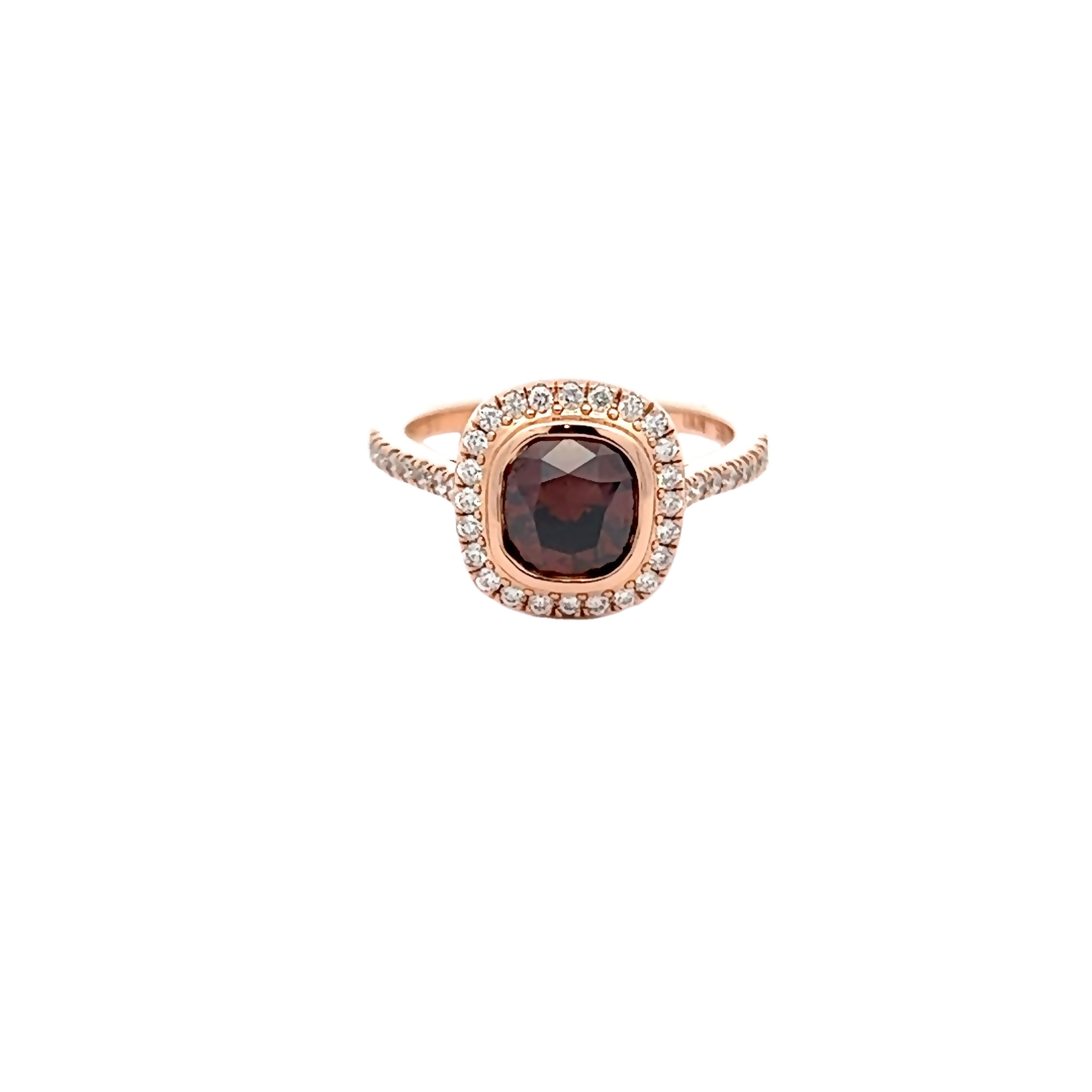 14 Karat rose gold ring with One 1.50Ct cushion chocolate Diamond and 40=0.30 total weight round brilliant G VS Diamonds