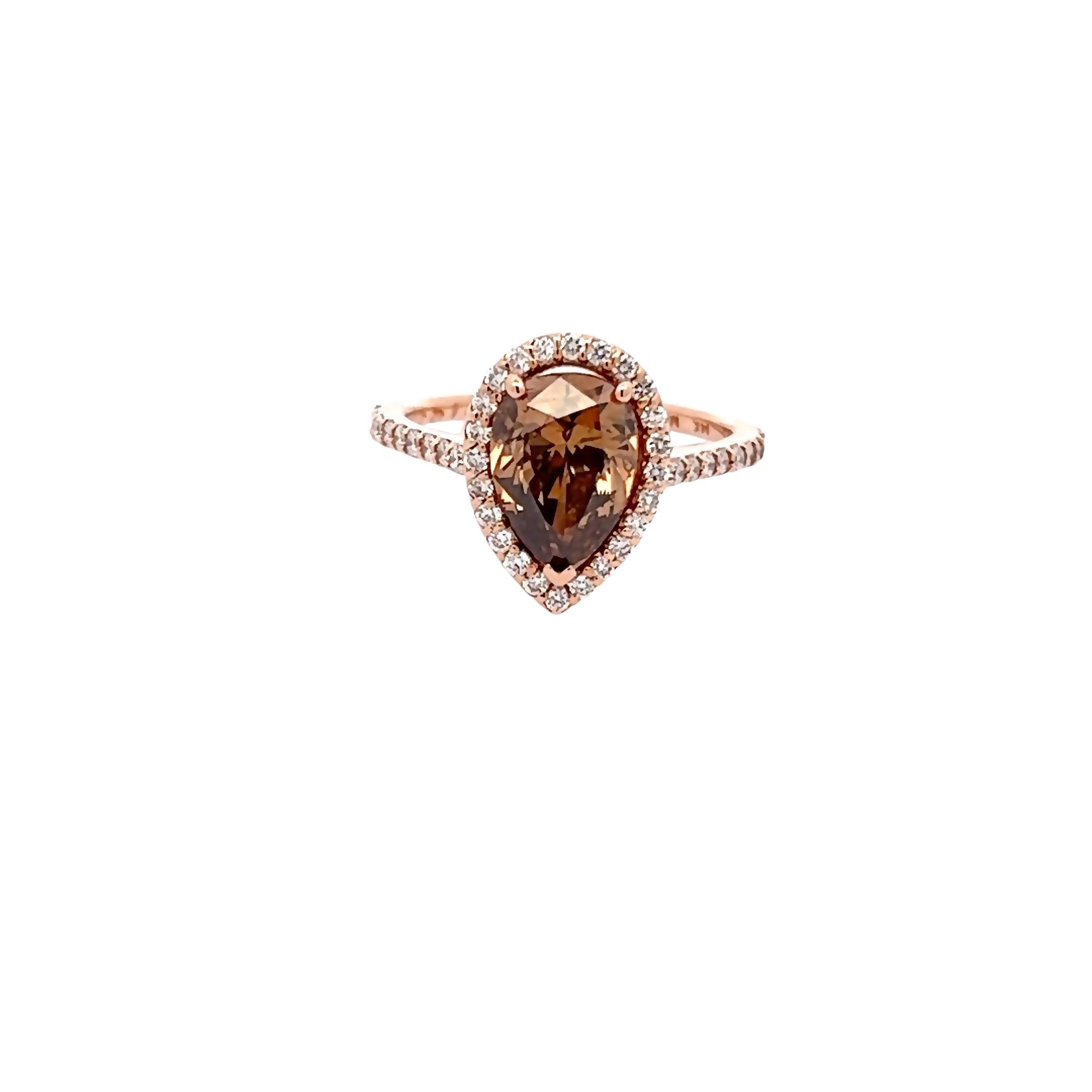 14 Karat rose gold ring with One 2.22Ct pear chocolate Diamond and 42=0.42 total weight round brilliant G VS Diamonds