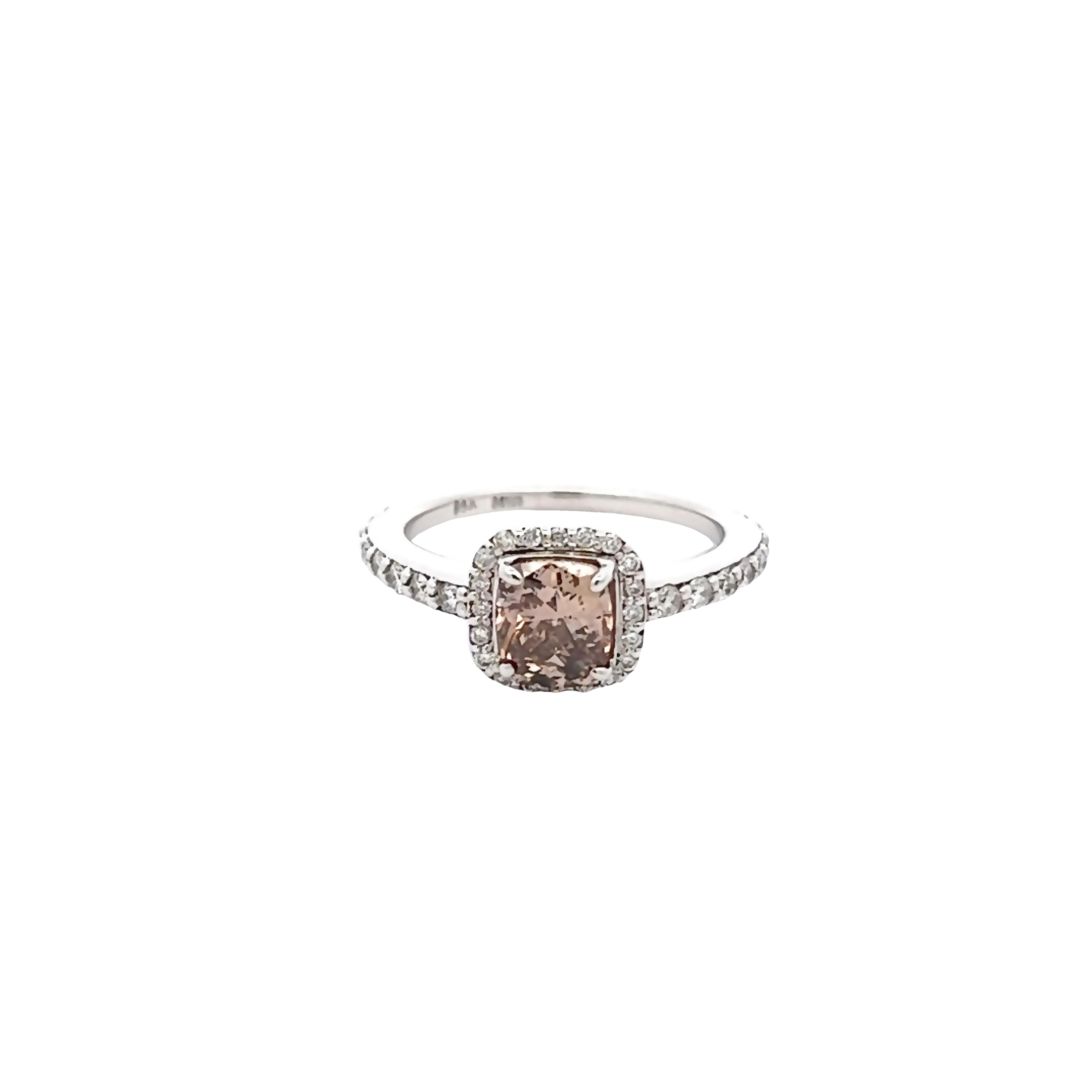 14 Karat white gold ring with One 1.07Ct cushion chocolate Diamond and 35=0.42 total weight round brilliant G VS Diamonds. Sixe 6.25