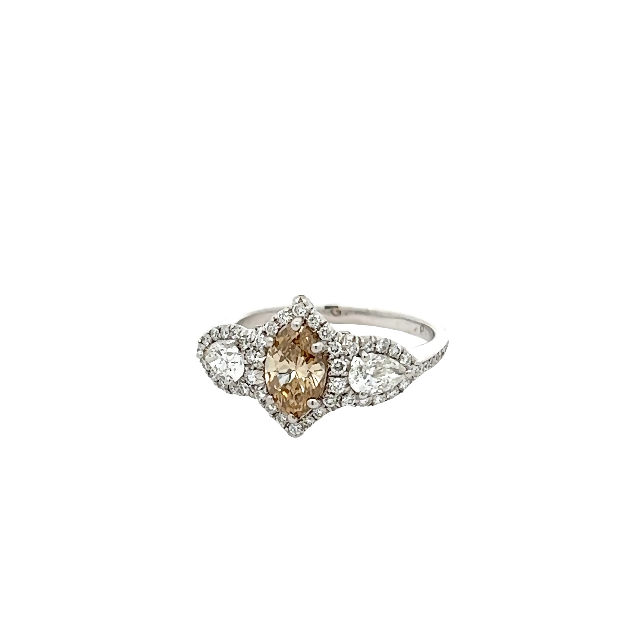 18 Karat white gold ring with One 0.76Ct marquise SI fancy yellow diamond and 72=0.95 total weight roubd brilliant and pear G SI Diamonds. Size 7
