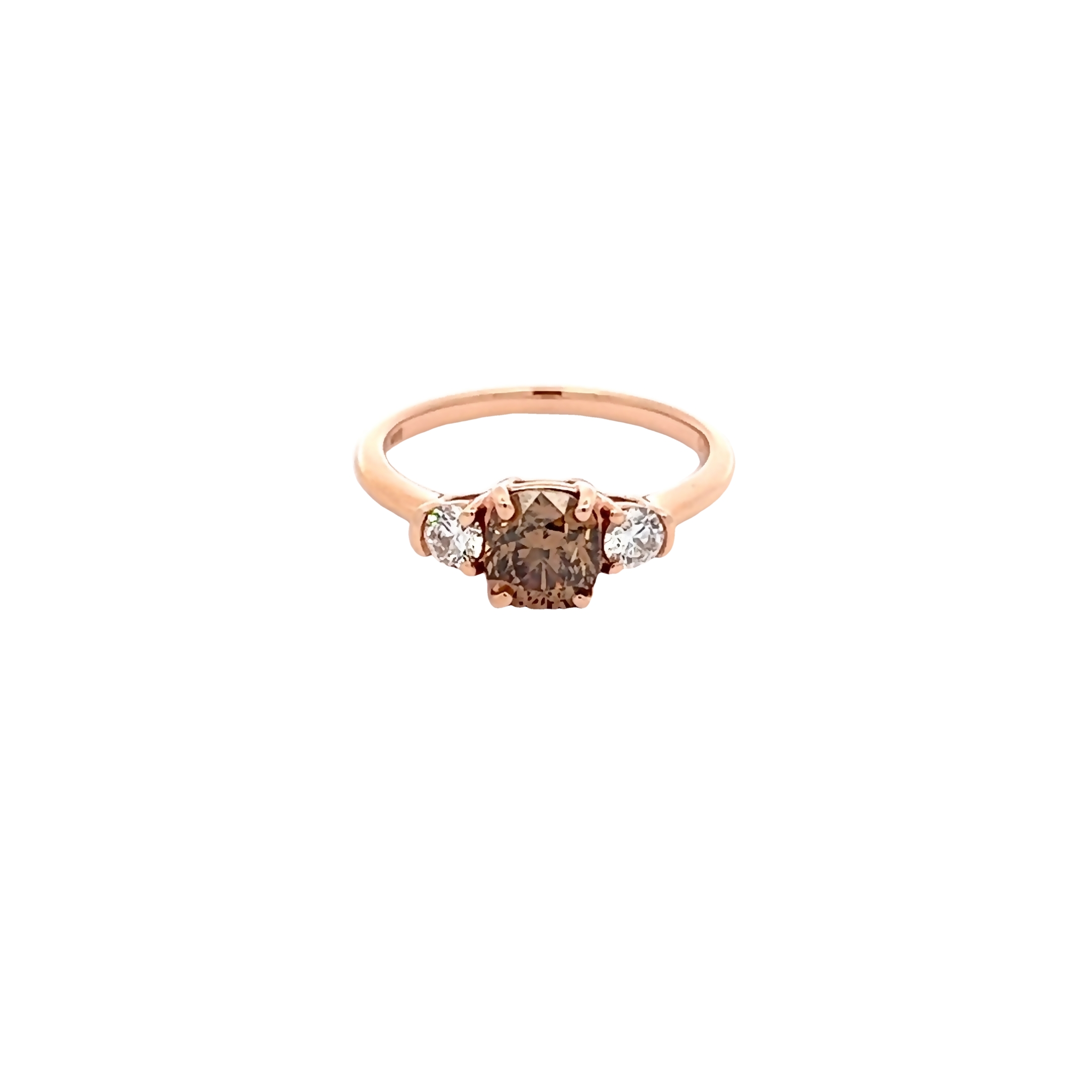 14 Karat rose gold ring with One 1.02Ct cushion chocolate Diamond and 2=0.25 total weight round brilliant G VS Diamonds. Size 6.5