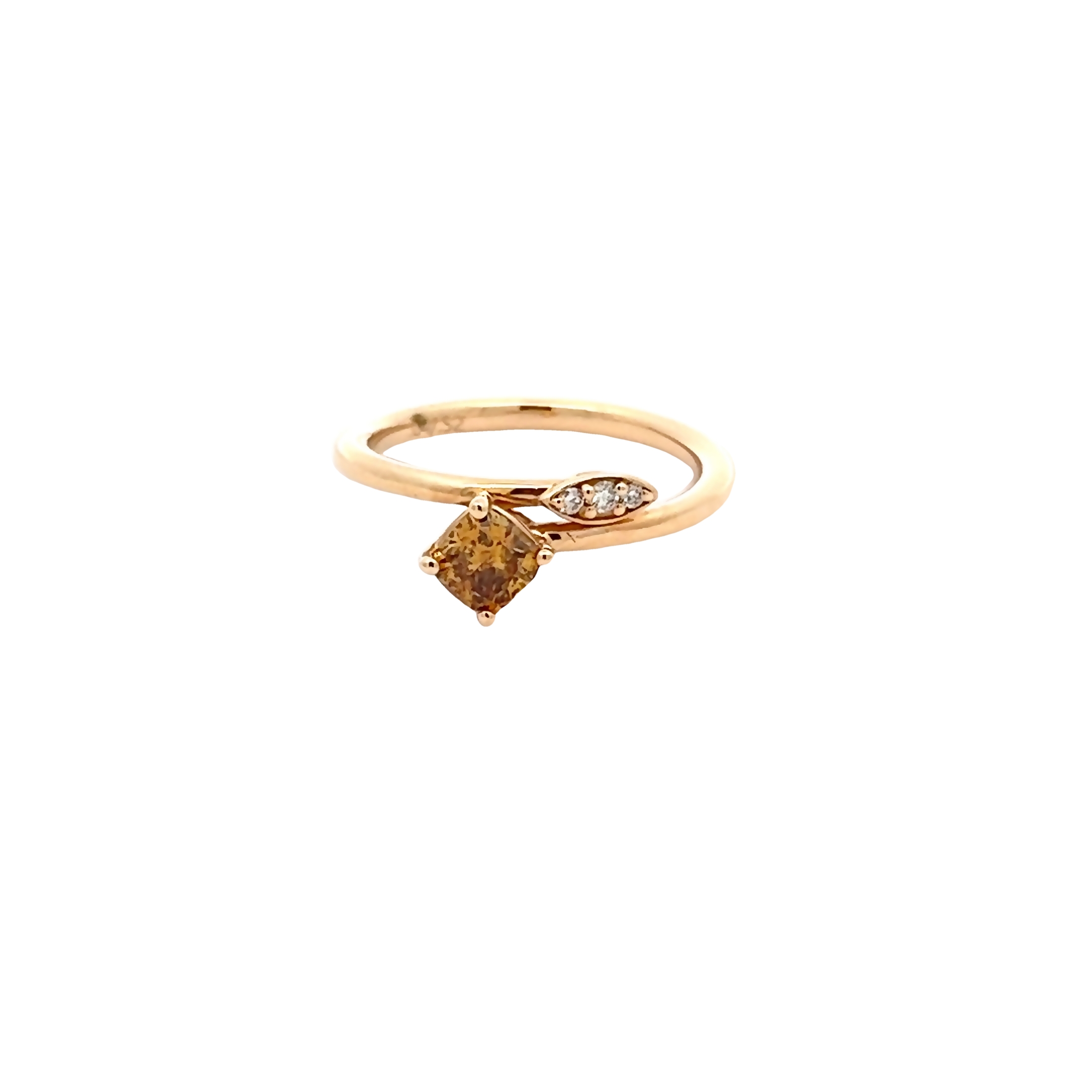 14 Karat yellow gold fashion ring with One 0.52Ct cushion fancy Diamond and 3=0.04 total weight round brilliant G Vs Diamonds. Size 6.5