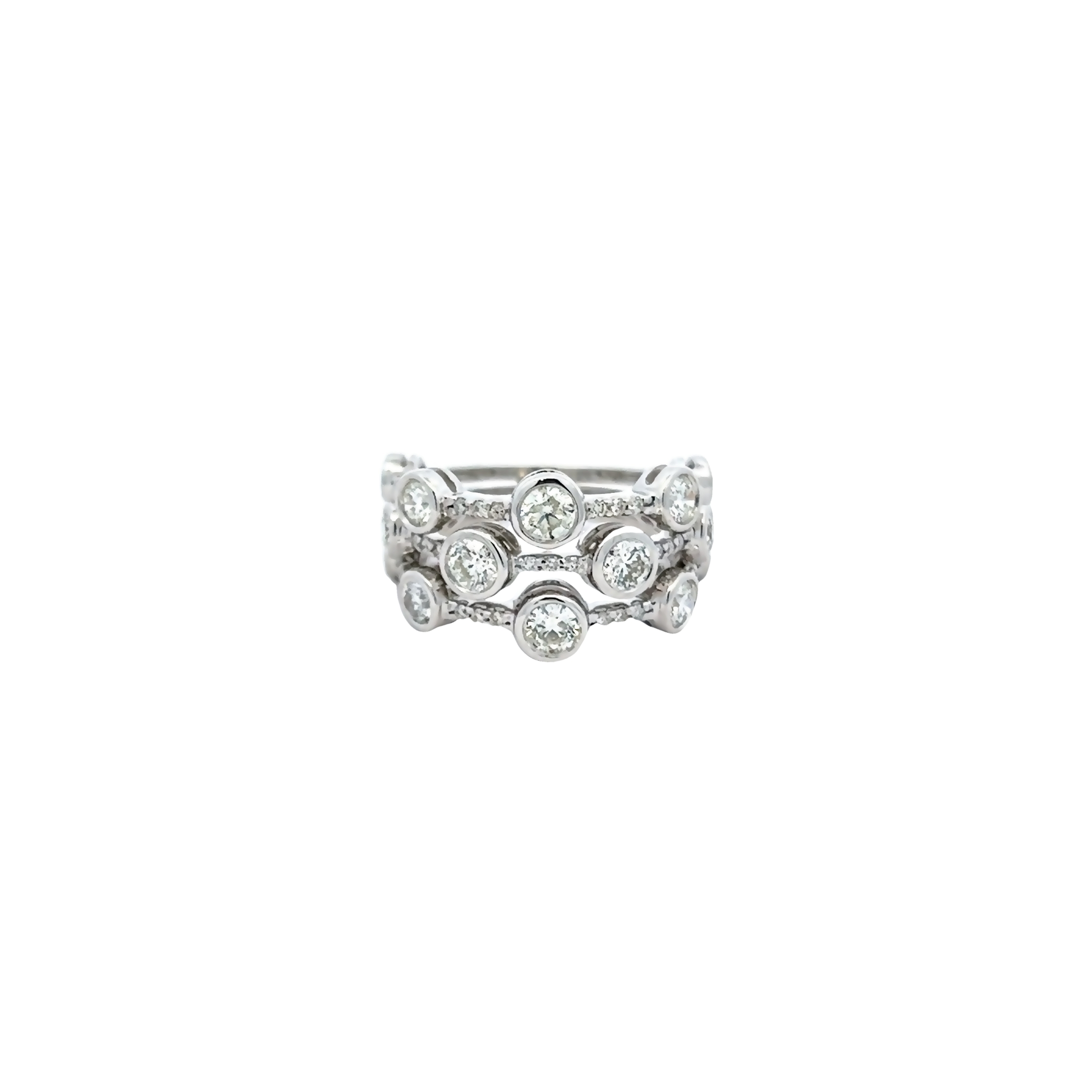 14 Karat white gold fashion ring with 47=1.70 total weight round brilliant G VS Diamonds. Size 6.5