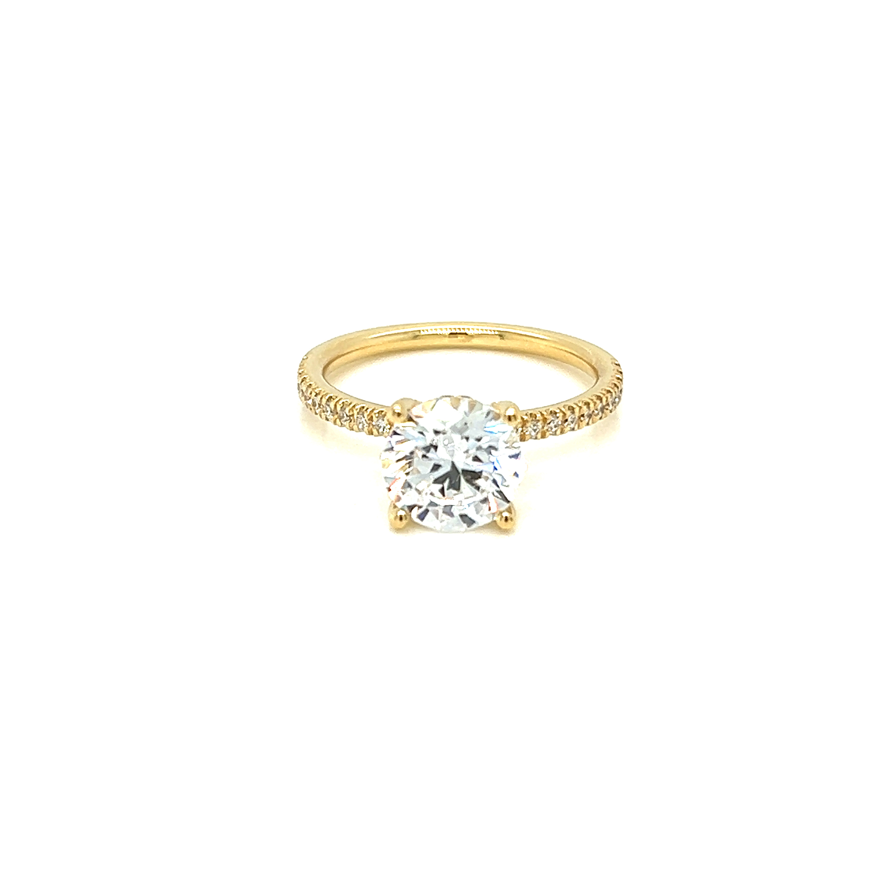 14 Karat yellow gold semi-mount engagement ring Size 6.5 with 56=0.32 total weight round brilliant G VS Diamonds