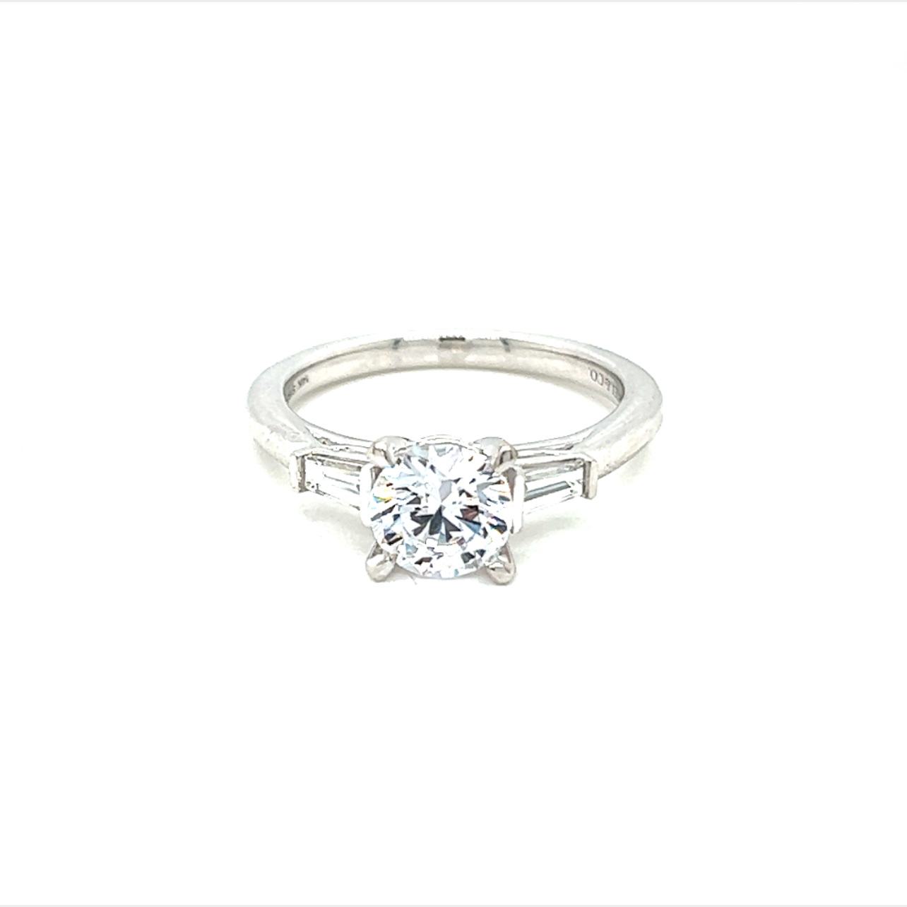 14 Karat white gold three stone semi mount engagement ring Size 6.5 with 2=0.24 total weight trapezoid G VS Diamonds
