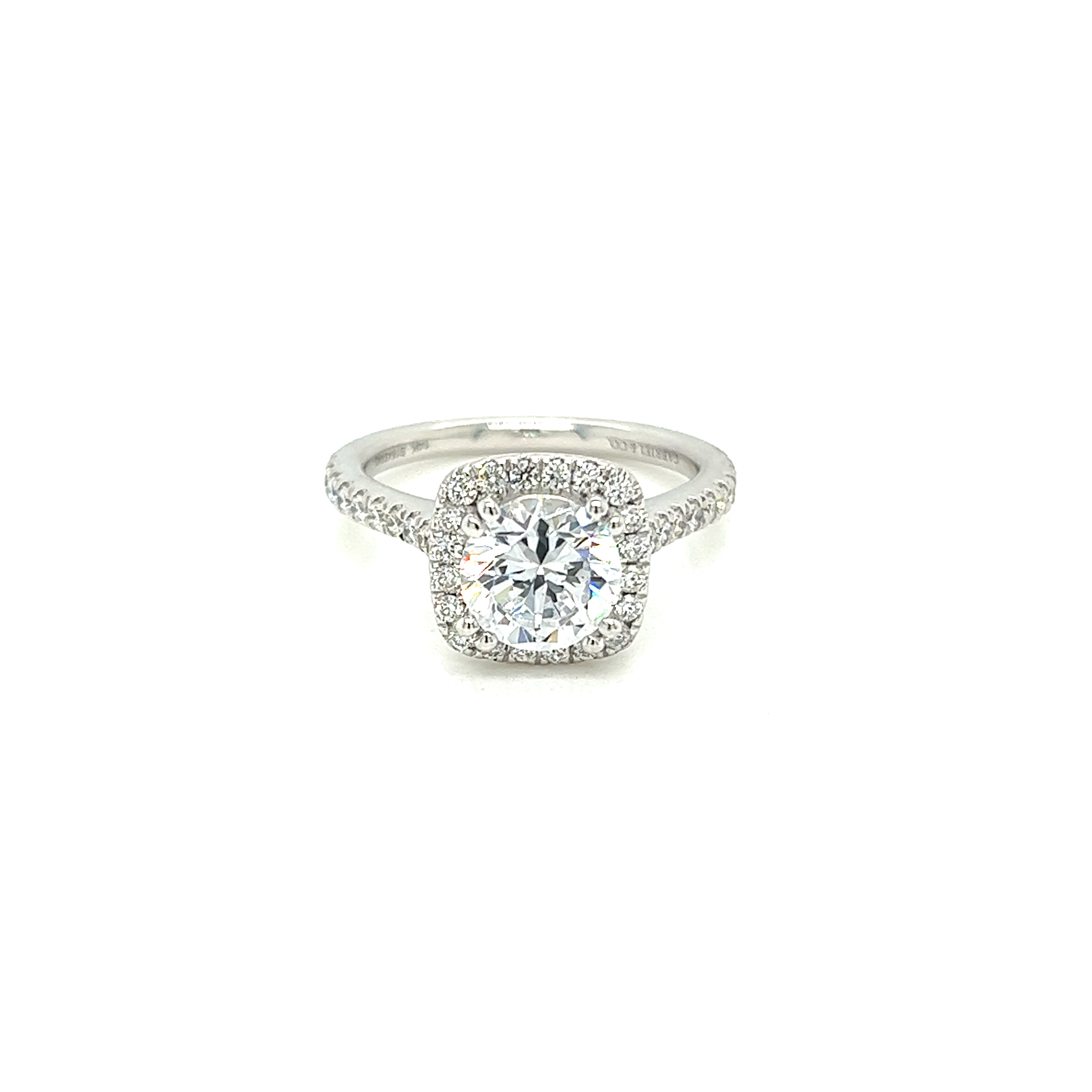 14 Karat white gold halo semi mount engagement ring Size 6.5 with 42= 0.48 total weight round brilliant G VS Diamonds