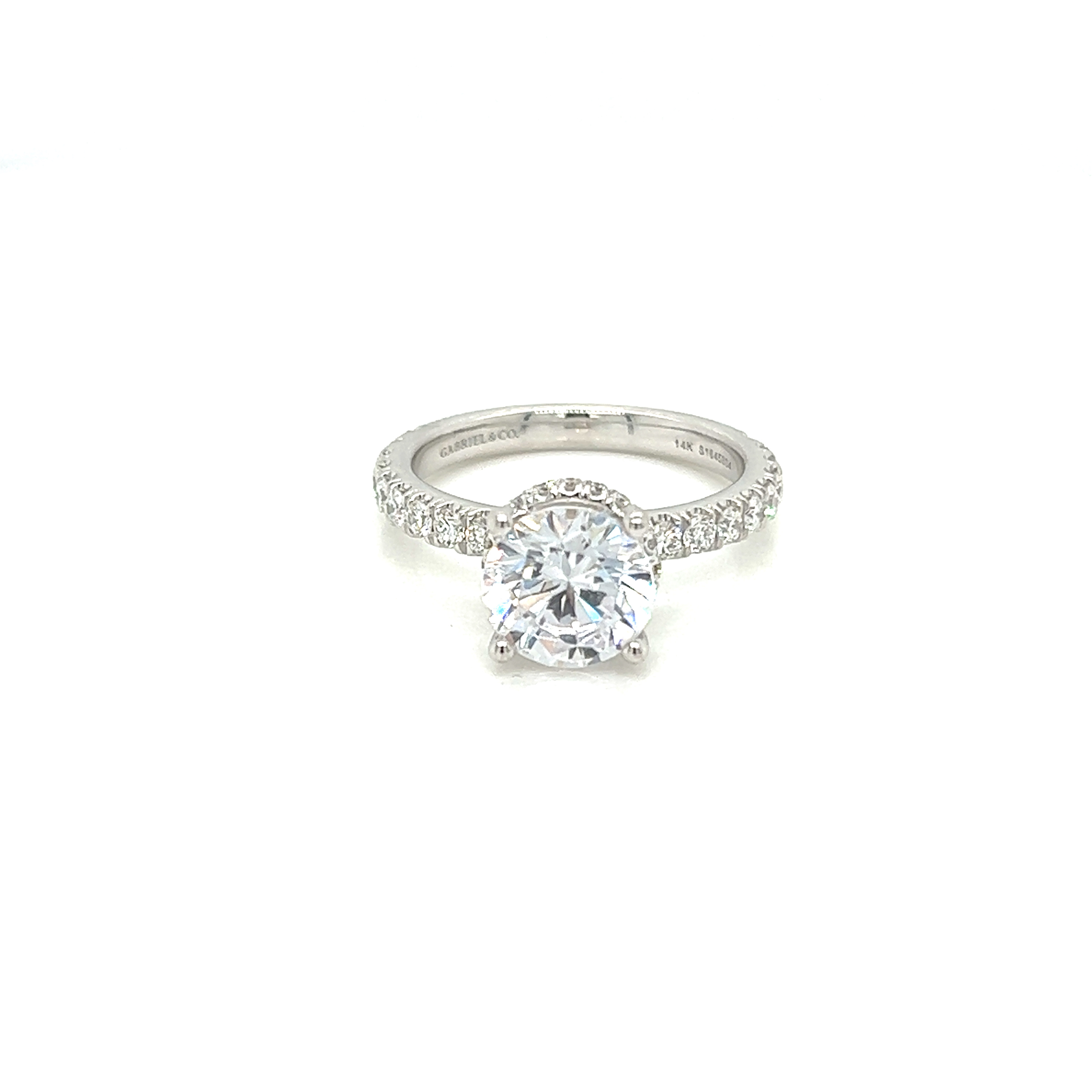 14 Karat white gold contemporary semi mount engagement ring with 40=0.69 total weight round brilliant G VS Diamonds