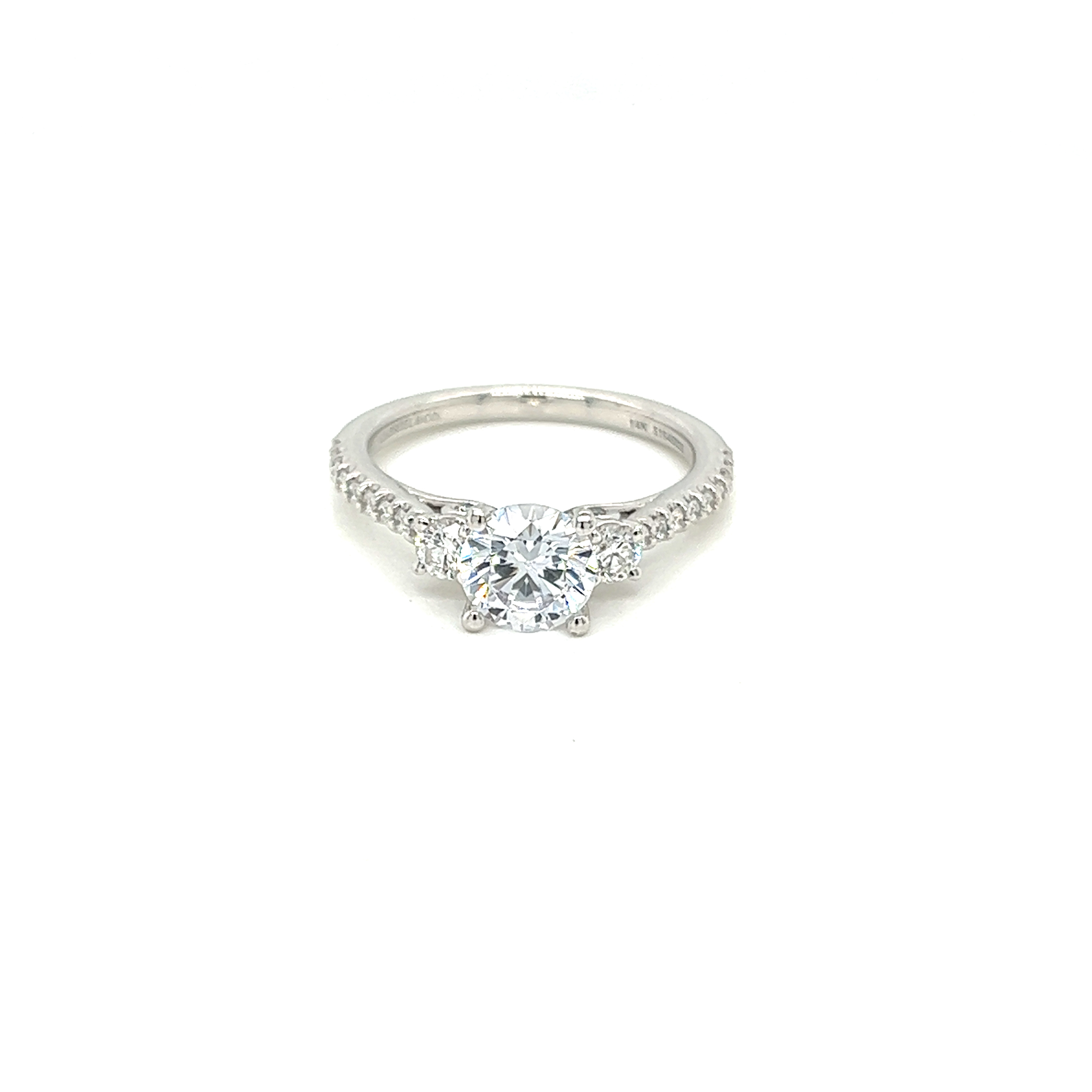 14 Karat white gold semi-mount engagement ring with 36=0.48tw Round Brilliant G VS Diamonds
