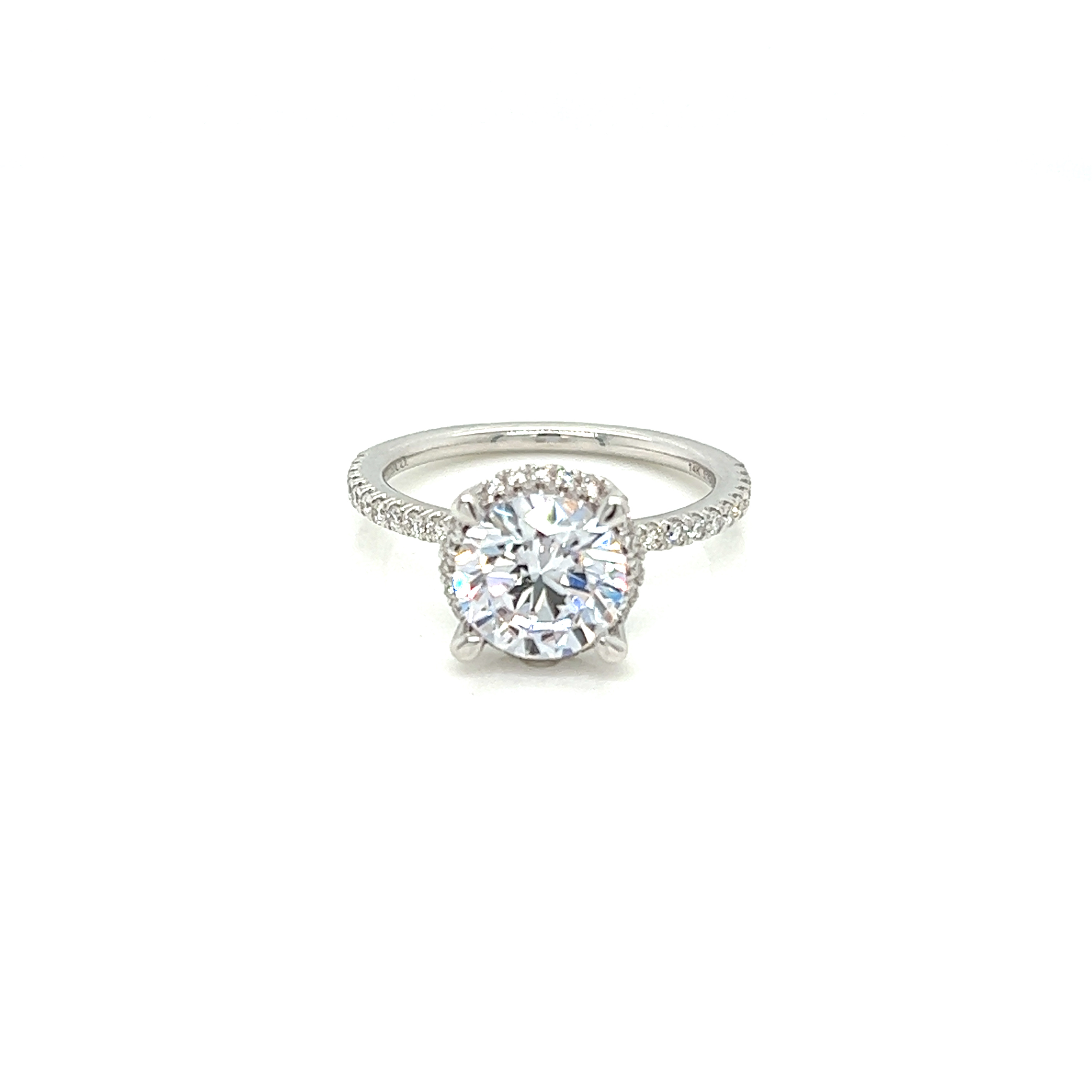 14 Karat white gold halo semi mount engagement ring Size 6.5 with41= 0.31 total weight round brilliant G VS Diamonds
