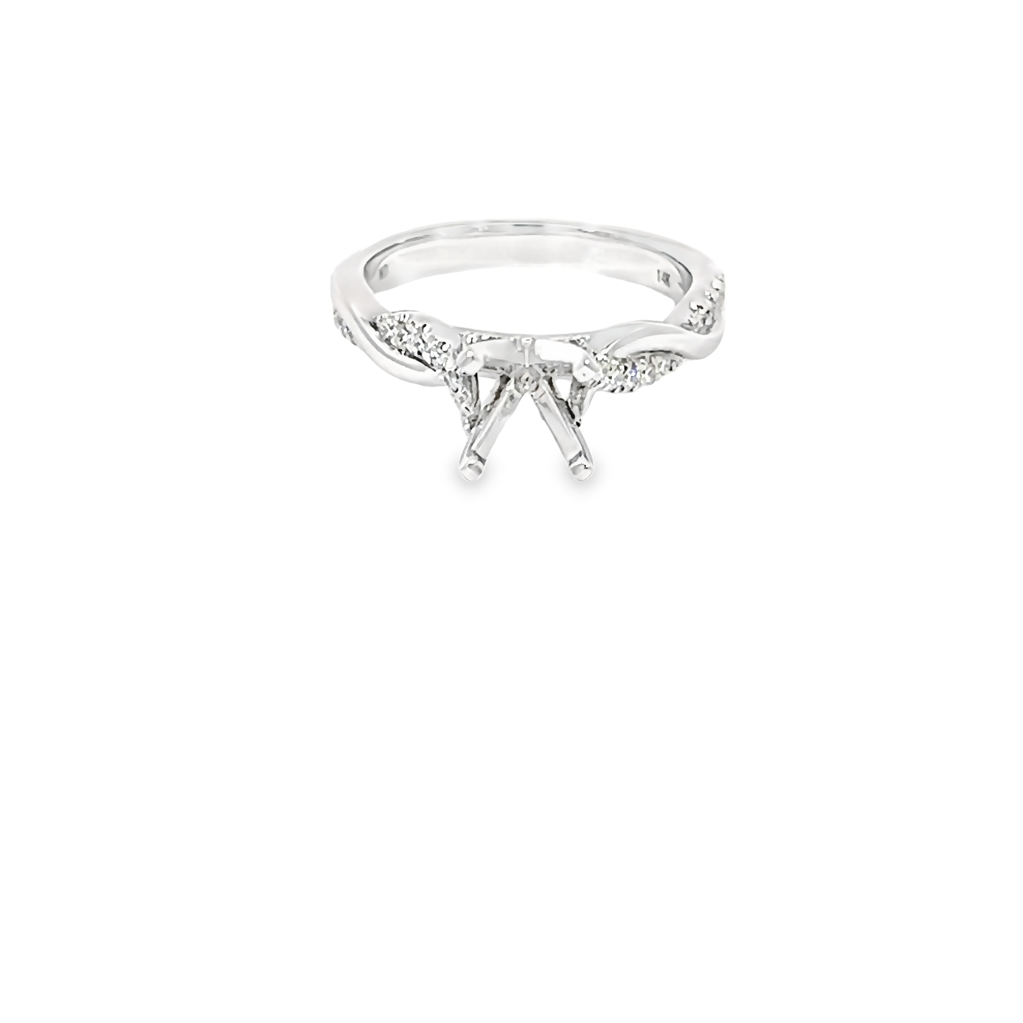 14 Karat white gold semi mount engagement ring with 20=0.15TW Round Brilliant G VS Diamonds.