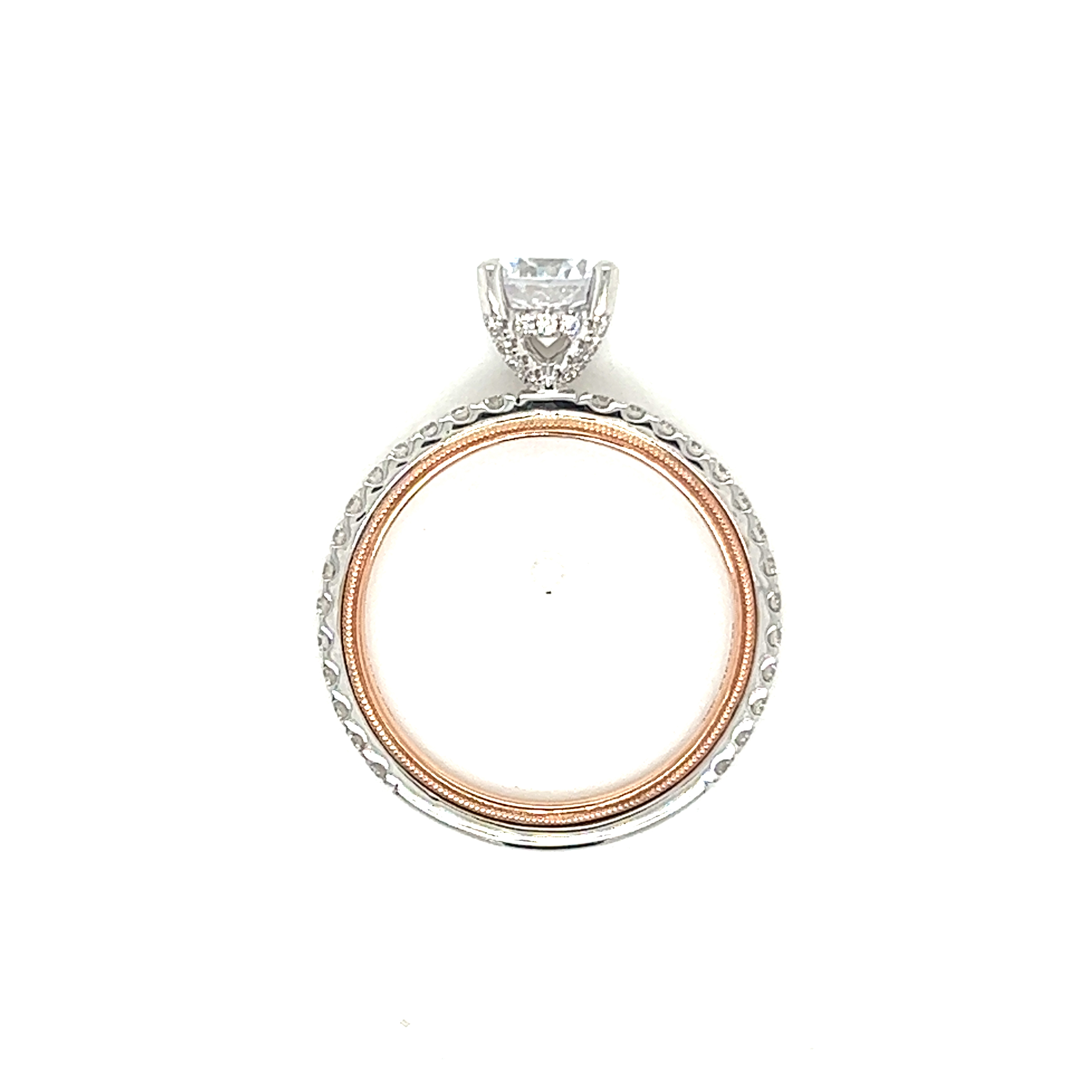 14 Karat white and rose gold semi mount engagement ring Size 6.5 with 56=0.46 total weight round brilliant G VS Diamonds