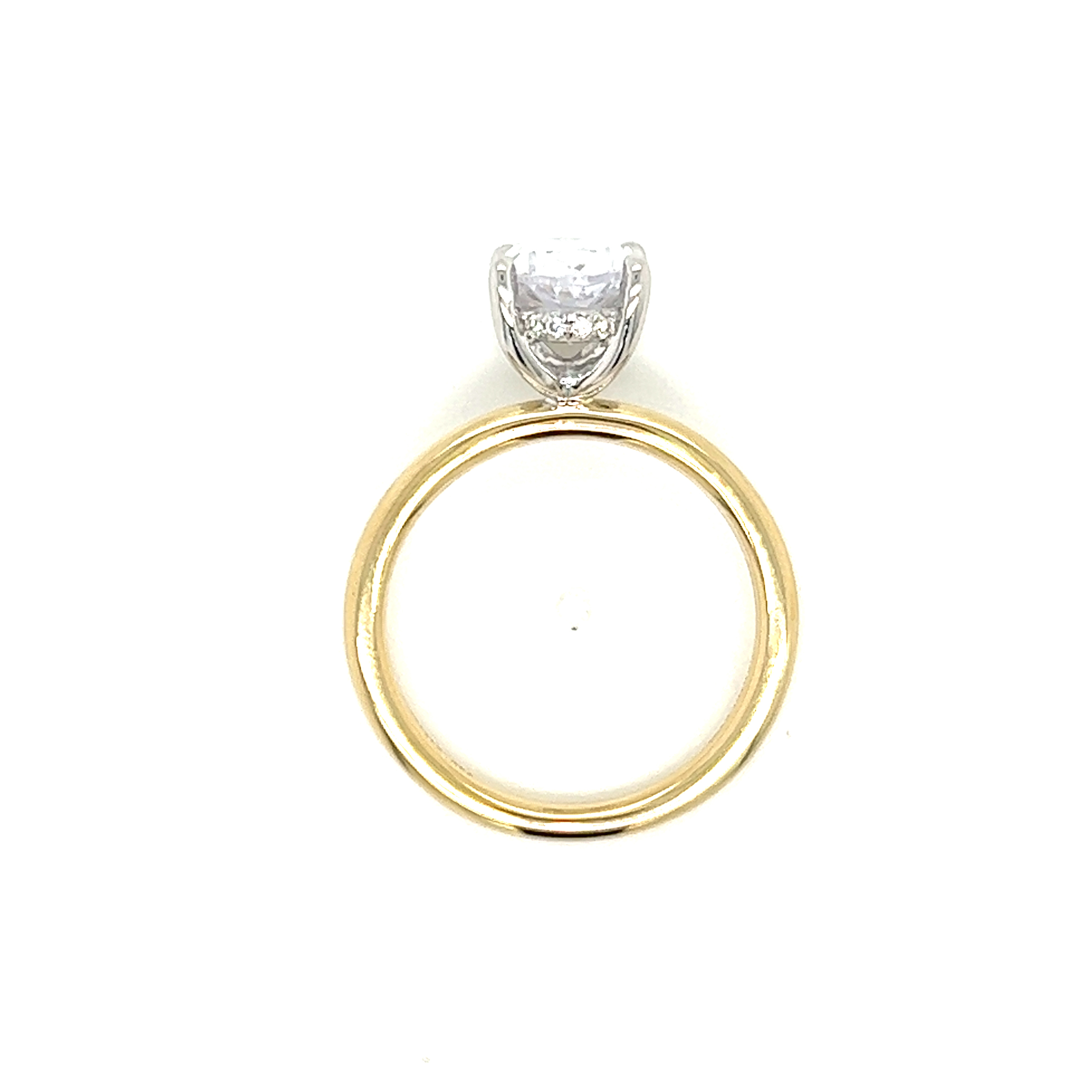14 Karat yellow gold semi mount engagement ring Size 6.5 with 18=0.07 total weight round brilliant G VS Diamonds and a 14 Karat whit gold head
