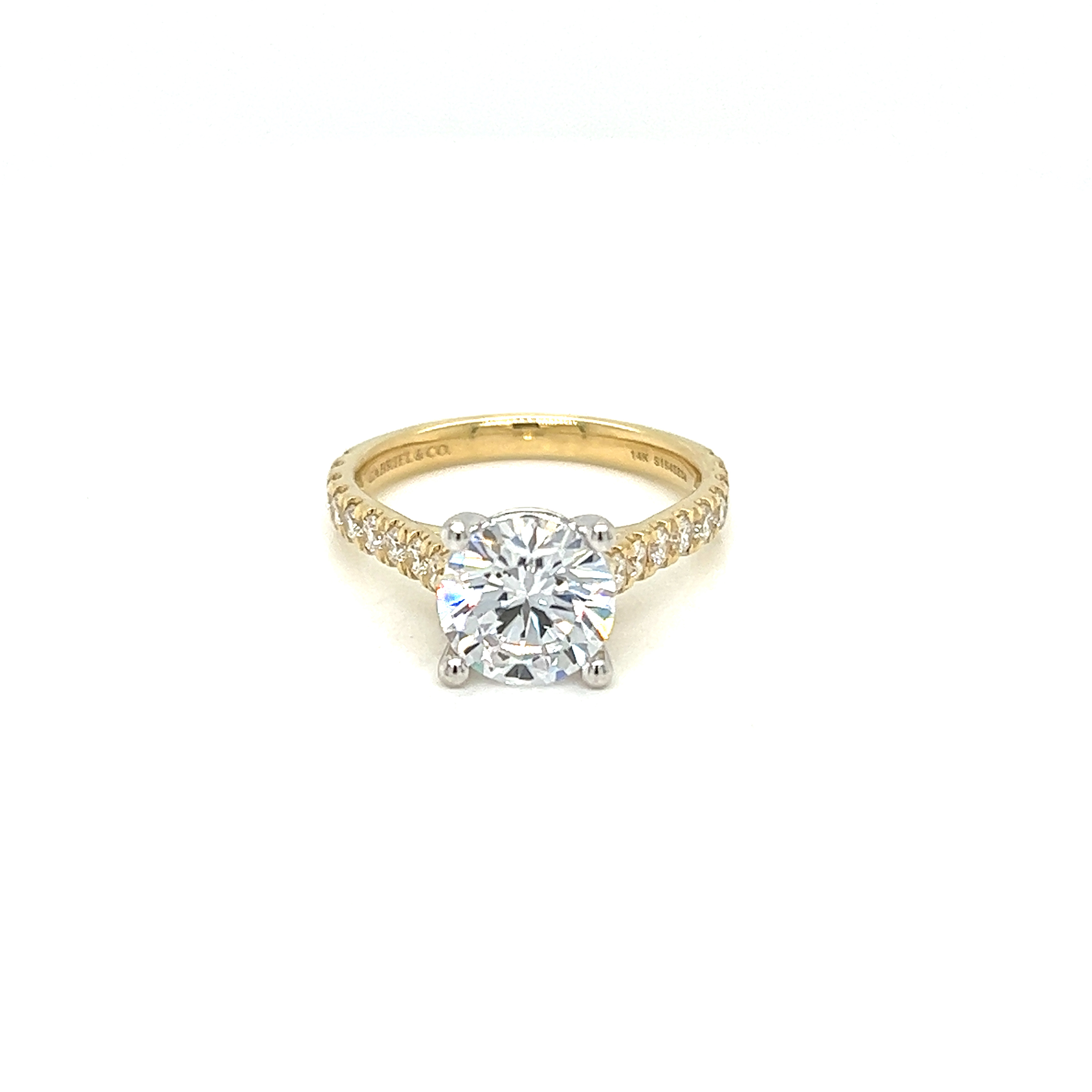 14 Karat yellow gold semi mount engagement ring Size 6.5 with 18=0.52 total weight round brilliant G VS Diamonds