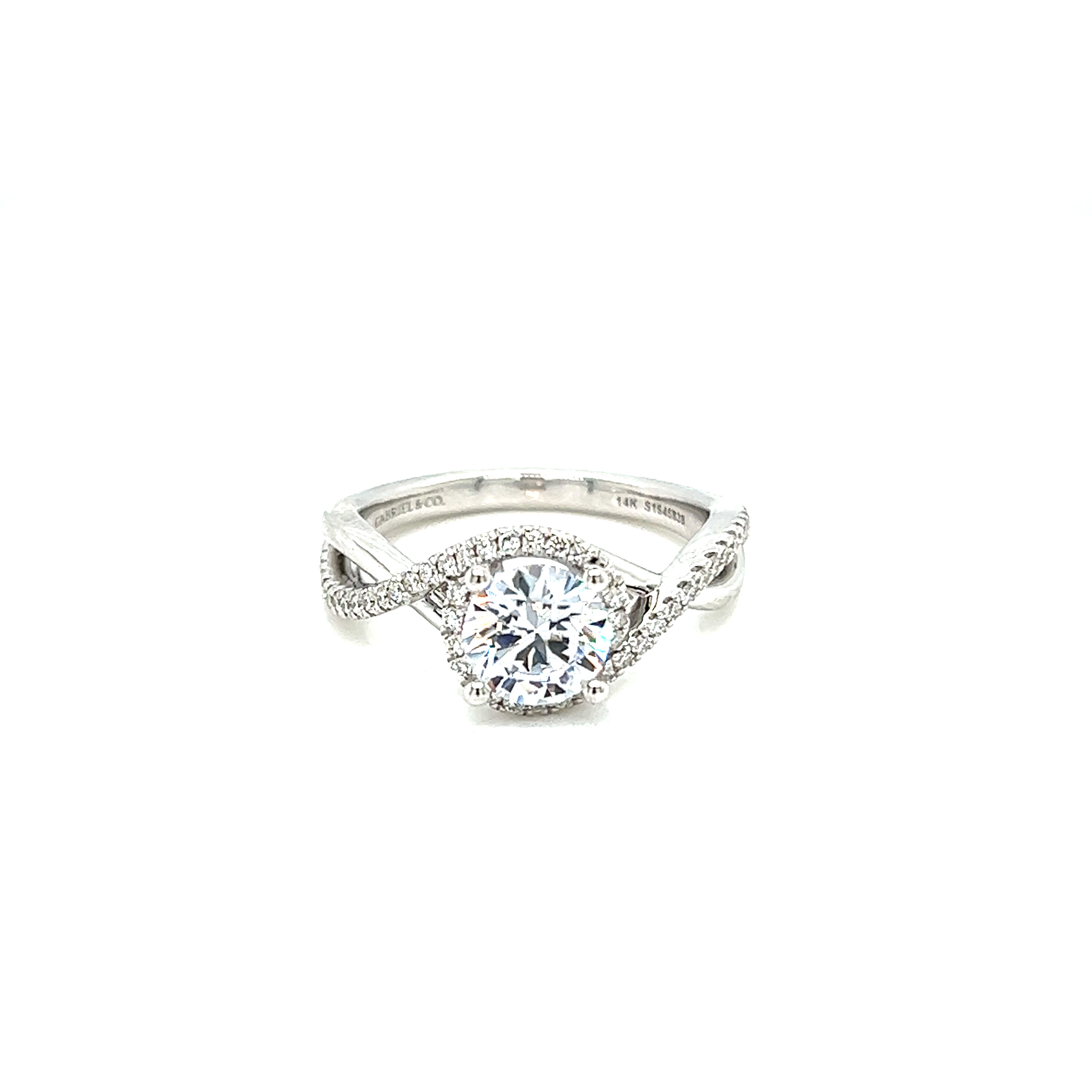 14 Karat white gold twist semi mount engagement ring Size 6.5 with 48=0.23 total weight round brilliant G VS Diamonds