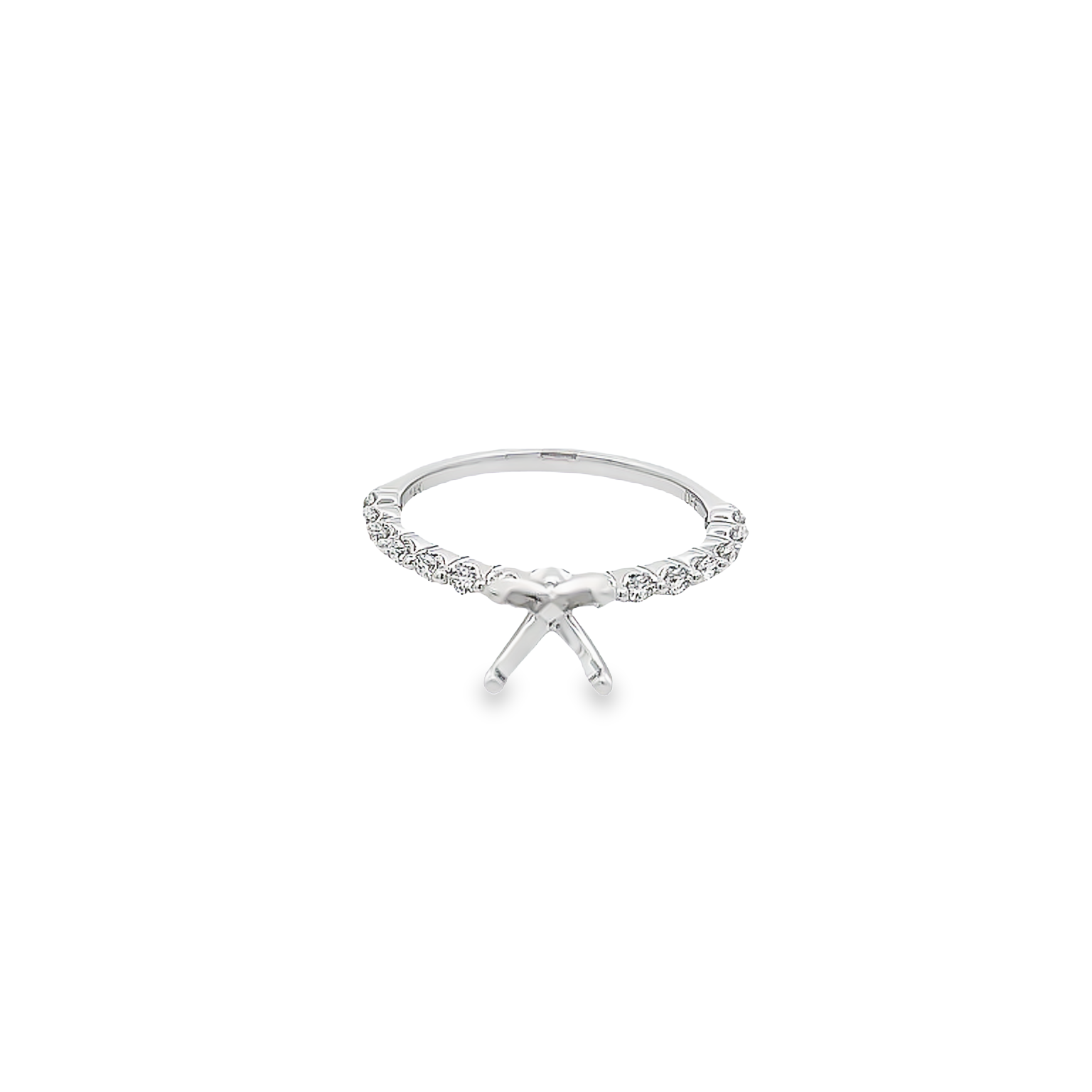 14 Karat white gold semi mount engagement ring with 14=0.31tw Round Brilliant G VS Diamonds. Size 6.5
