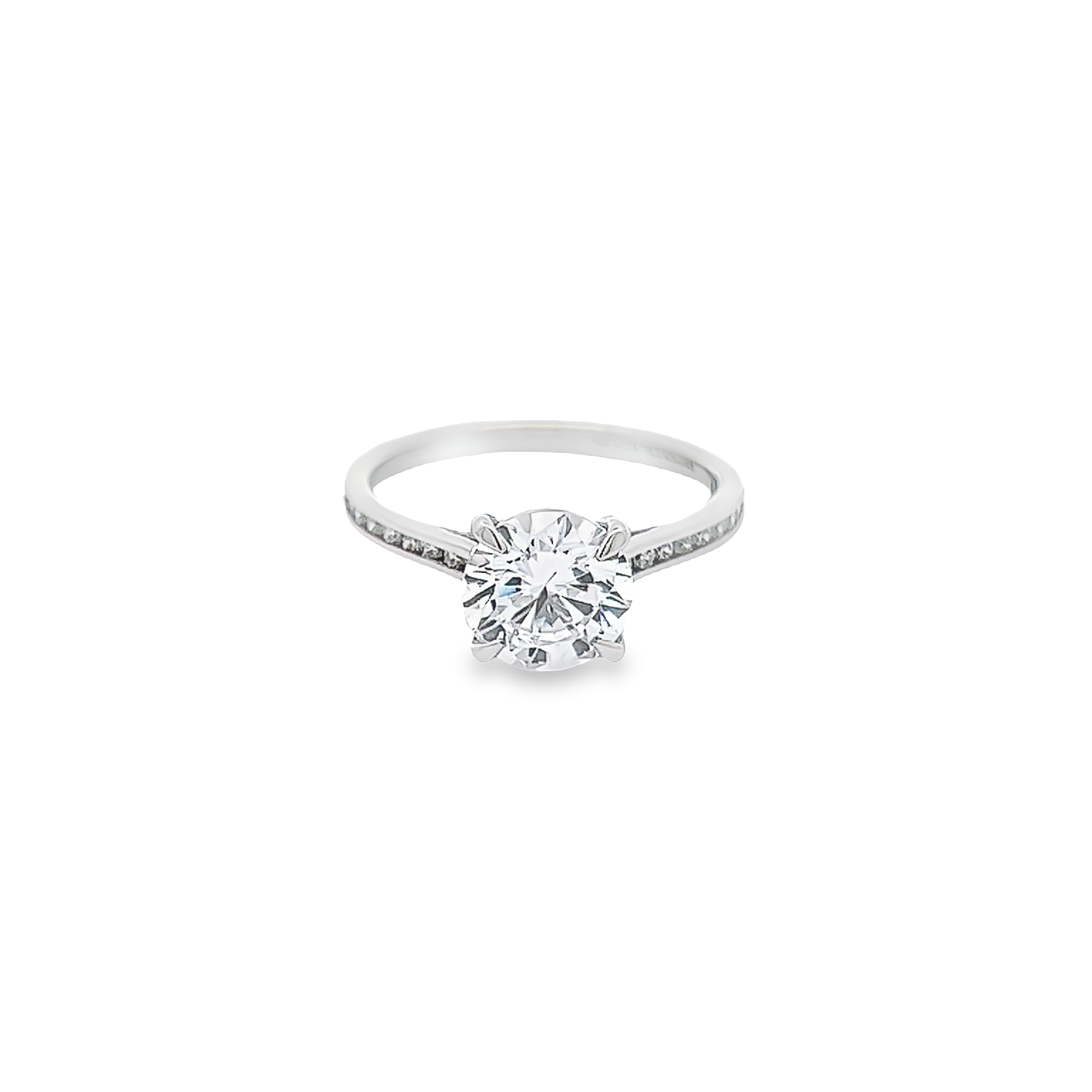 14 Karat white gold semi mount engagement ring with 20=0.20 total weight channel set round Brilliant G VS Diamonds