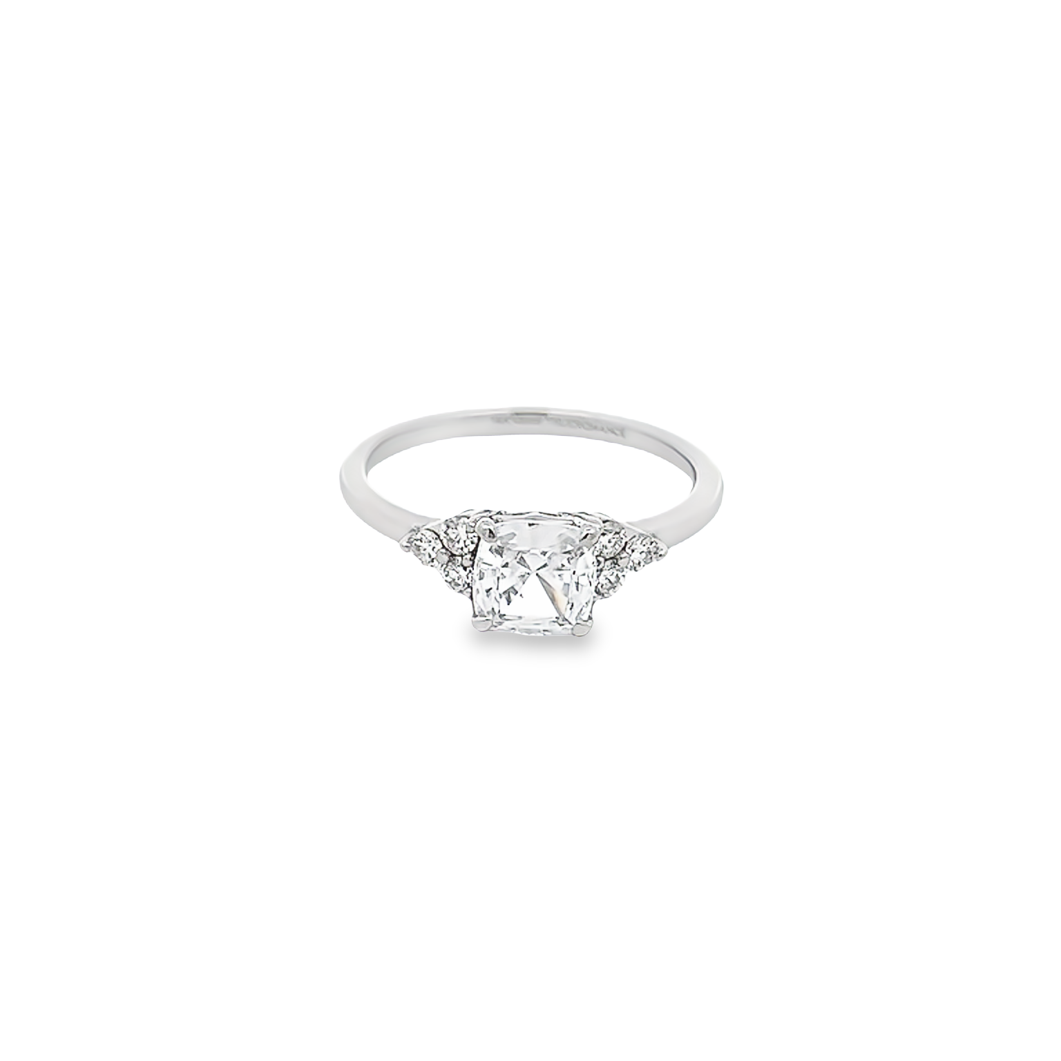 14 Karat white gold semi mount engagement ring with 6=0.18 total weight round brilliant G VS Diamonds. Size 7
