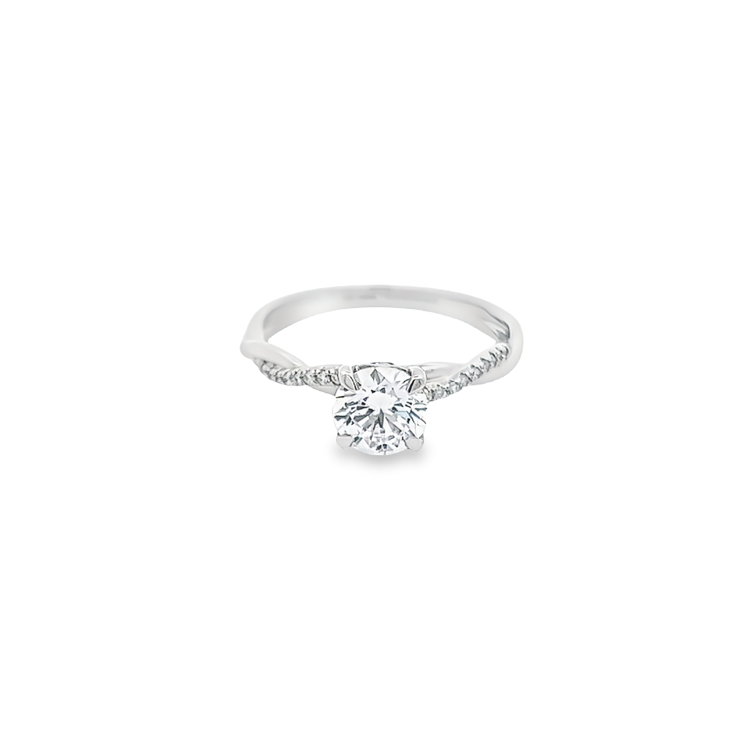 14 Karat white gold twist semi mount engagement ring with 22=0.13 total weight Round Brilliant G VS Diamonds. Size 7