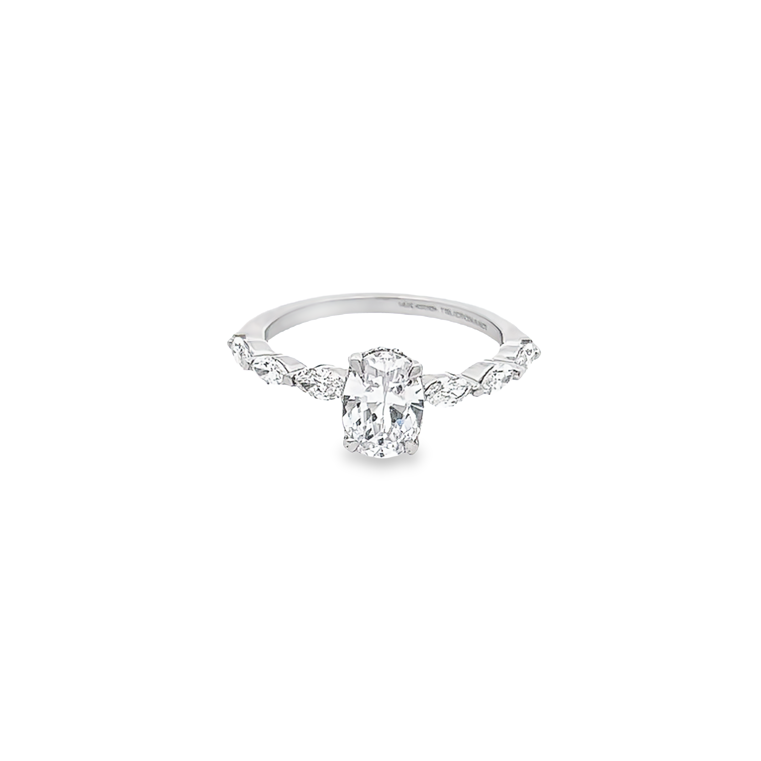 14 Karat white gold semi mount engagement ring with 20=0.62 total weight marquise and round brilliant  G Vs Diamonds. Size 7