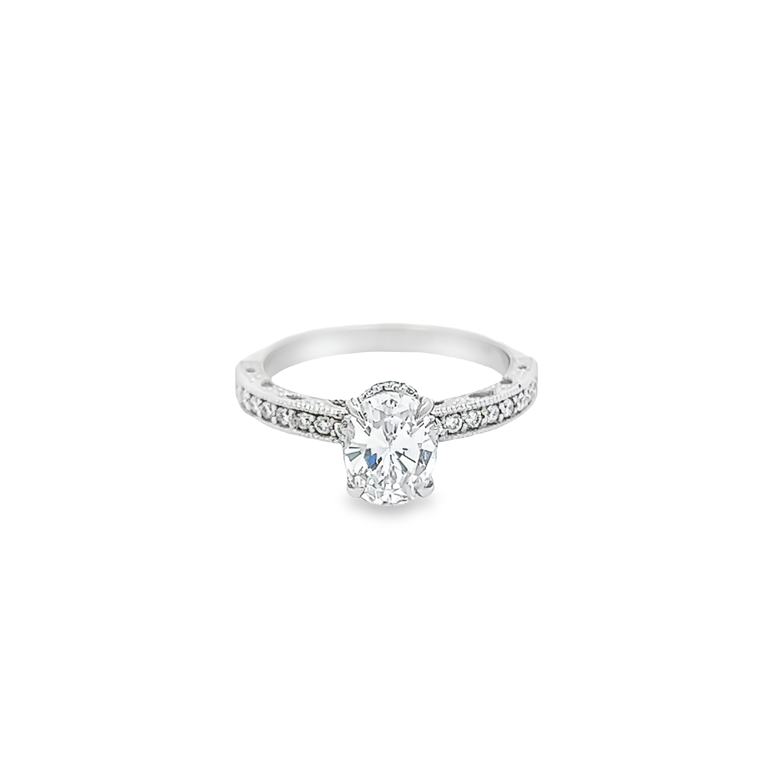 14 Karat white gold vintage inspired semi mount engagement ring with 30=0.24Tw Round Brilliant G Vs Diamonds. Size 7