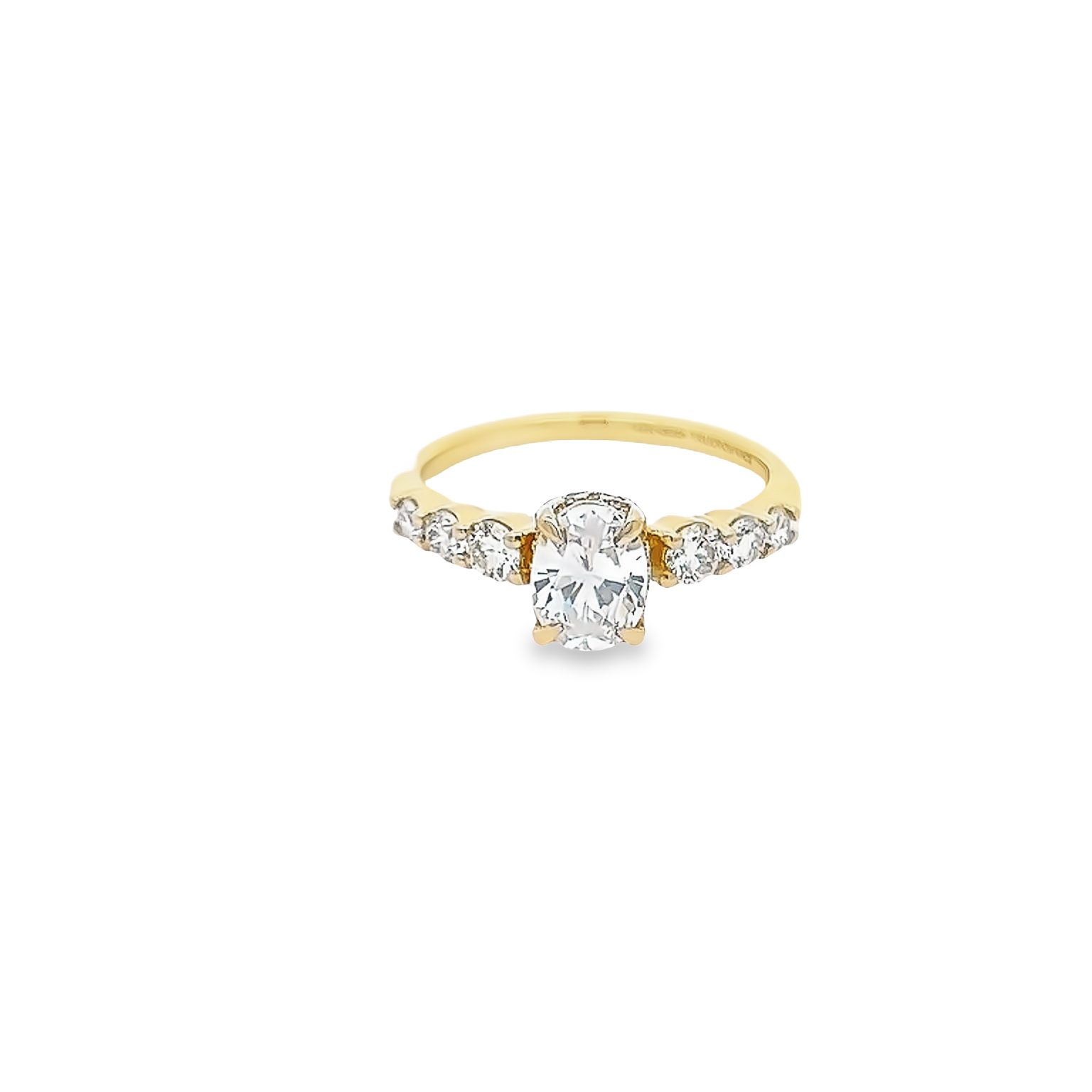 14 Karat yellow gold semi mount engagement ring with 20=0.59 total weight round brilliant G VS Diamonds. Size 7