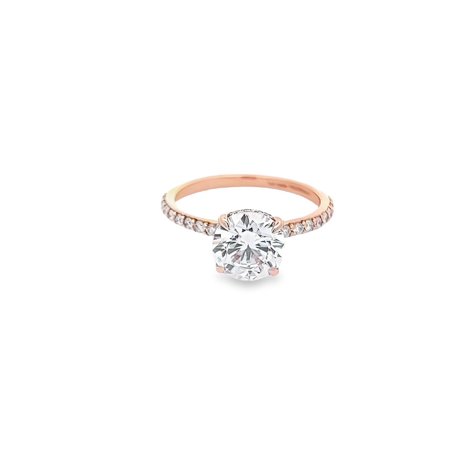 14 Karat rose gold semi mount engagement ring with 34=0.35 total weight round brilliant G VS Diamonds. Size 7