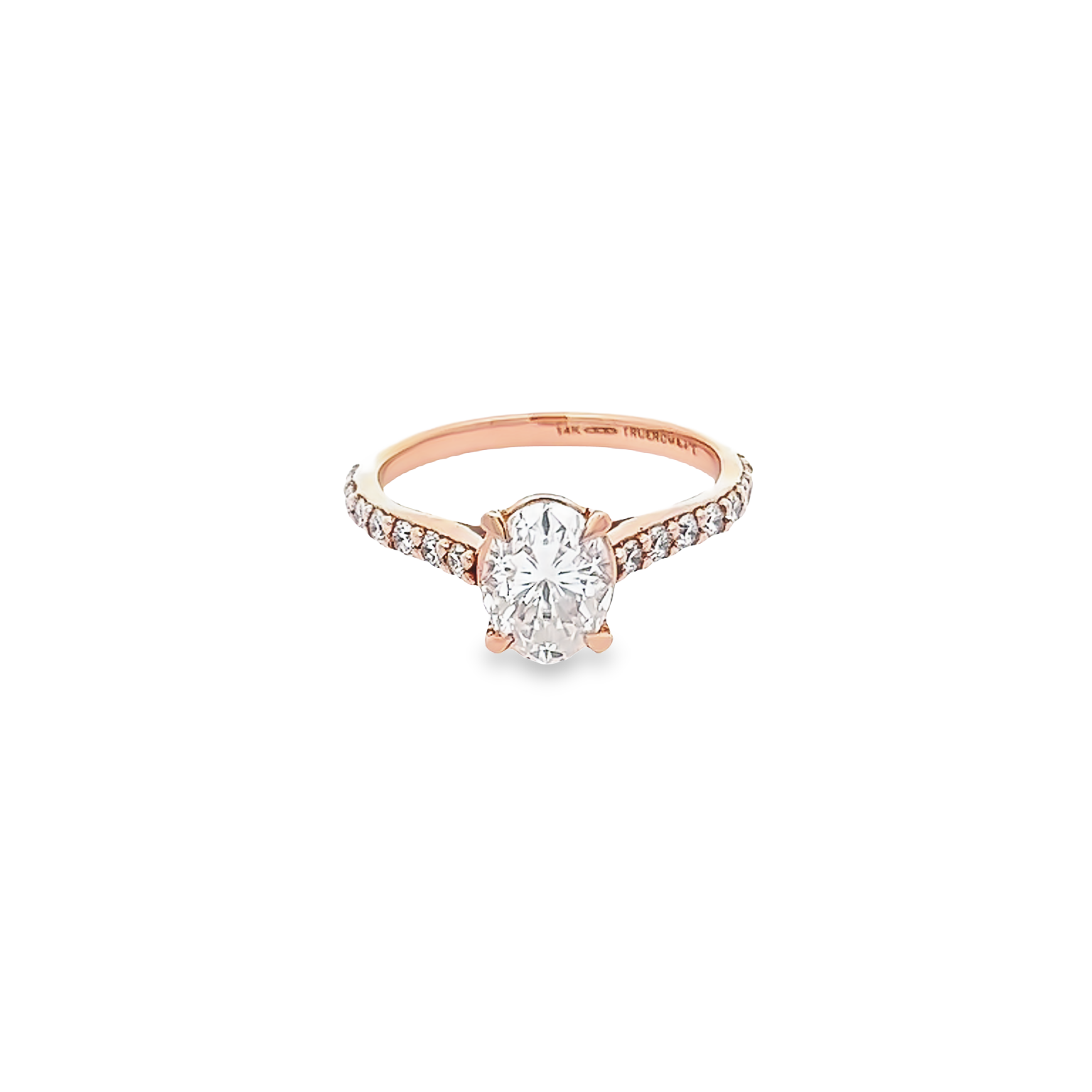 14 Karat rose gold semi mount engagement ring with 14=0.39 total weight round brilliant G VS Diamonds. Size 7