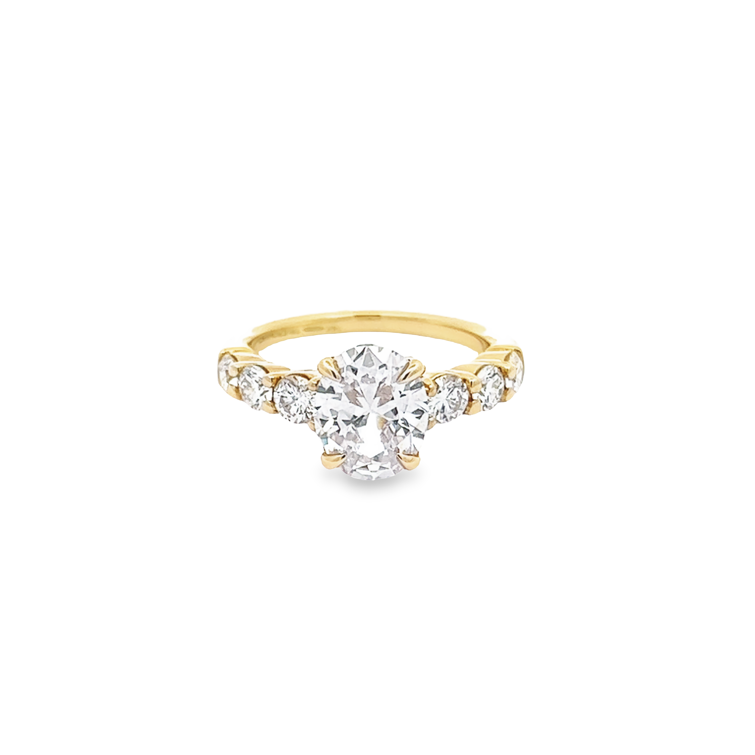 14 Karat yellow gold semi mount engagement ring with 6=0.96 total weight round brilliant G VS Diamonds. Size 7