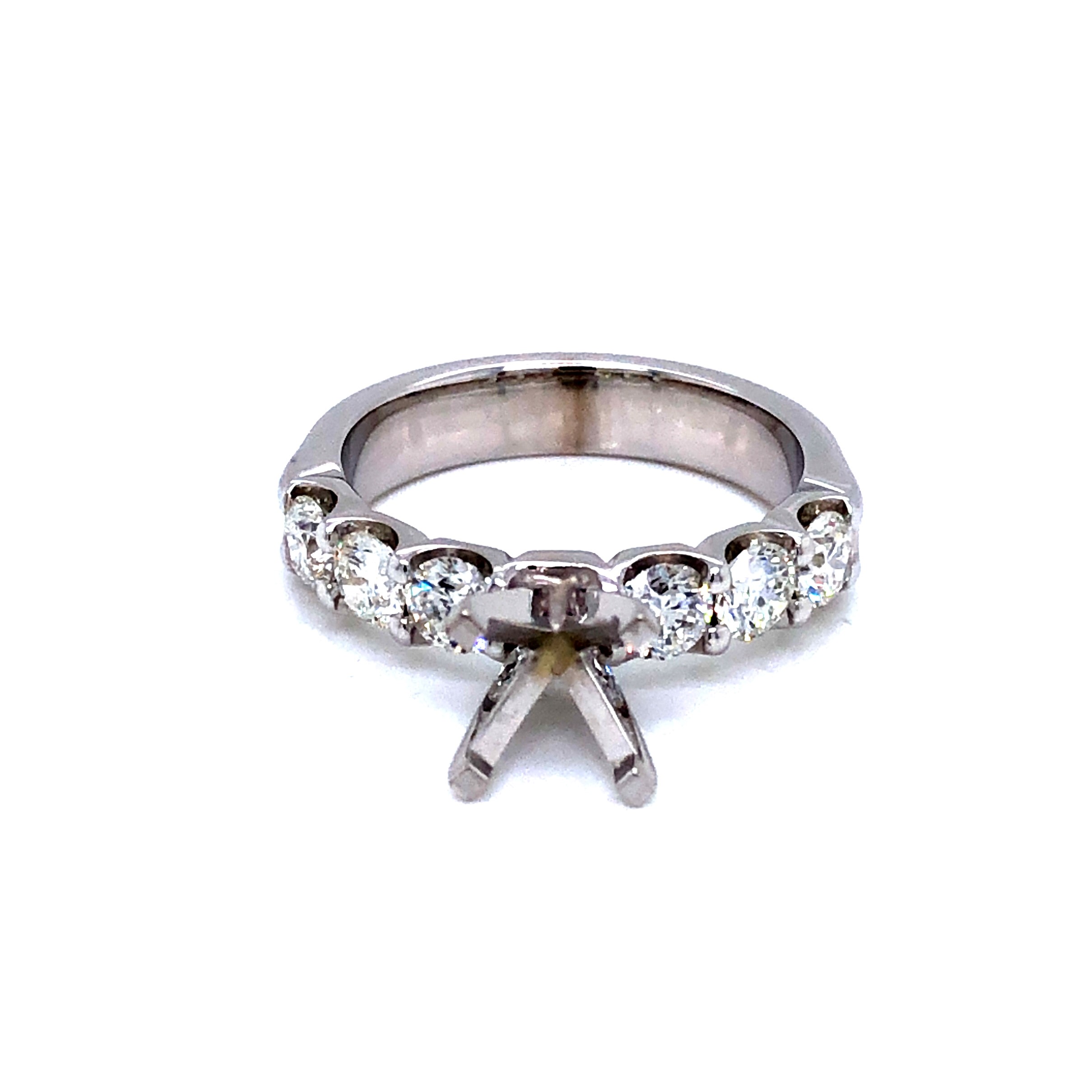 14 Karat white gold semi mount engagement ring with 6=1.08 total weight round brilliant G VS Diamonds