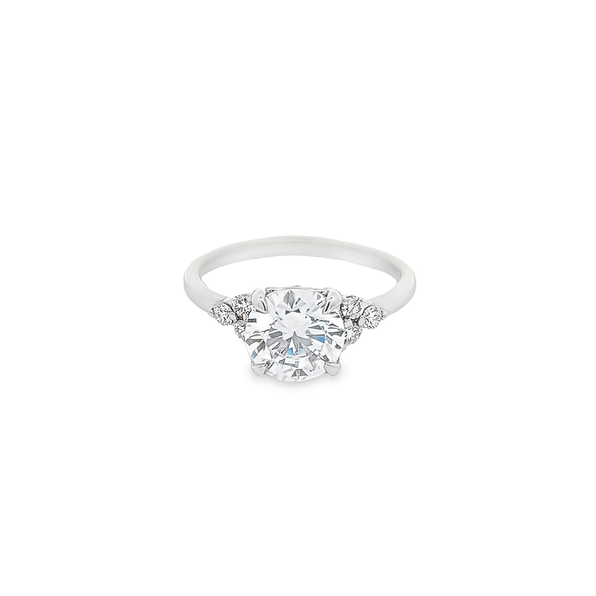 14 Karat white gold semi mount engagement ring with 6=0.18Tw Round Brilliant G VS Diamonds. Size 7