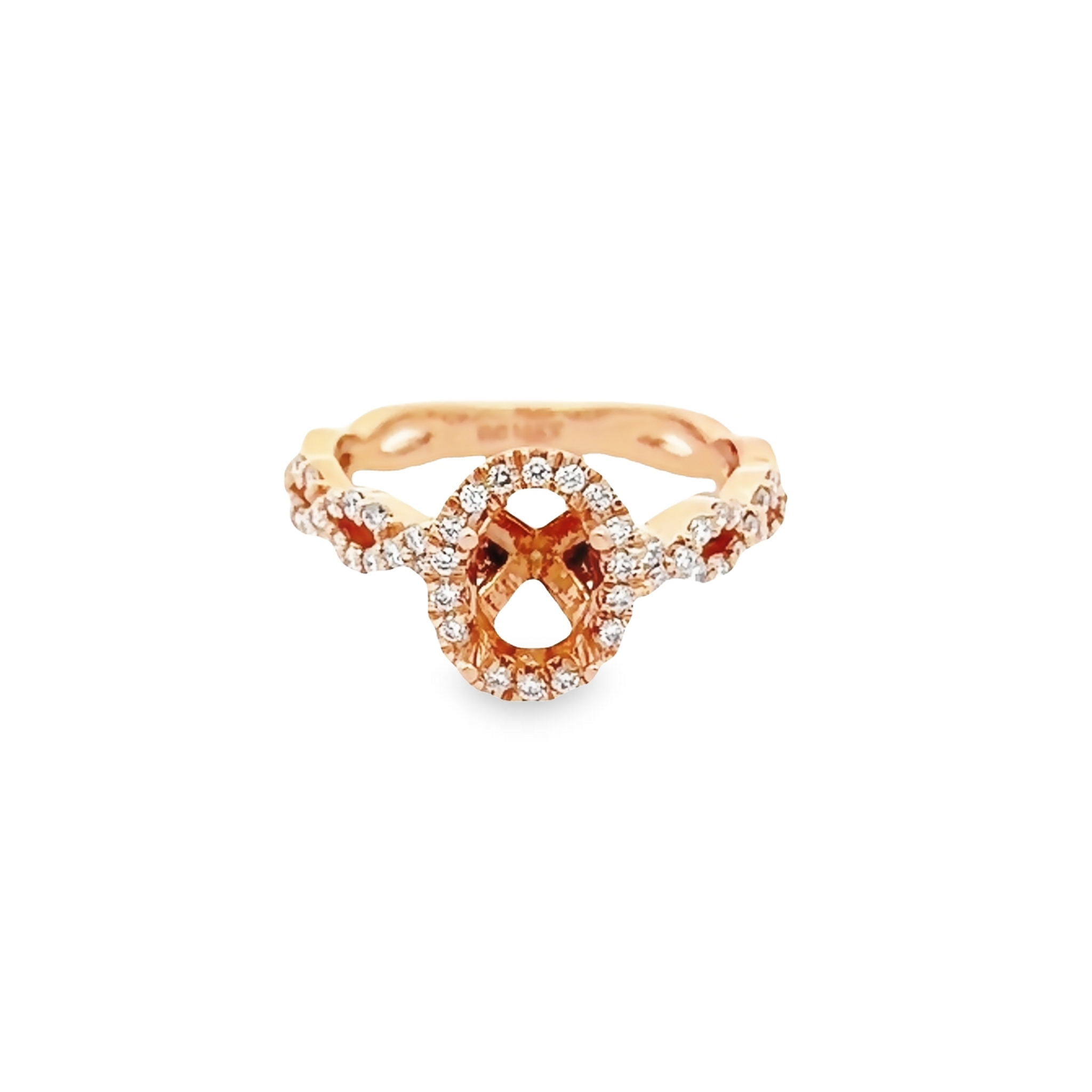 14 Karat Rose Gold Semi Mount Engagement Ring With 50=0.38 Total Weight Round Brilliant G Vs Diamonds. Size 7.5
