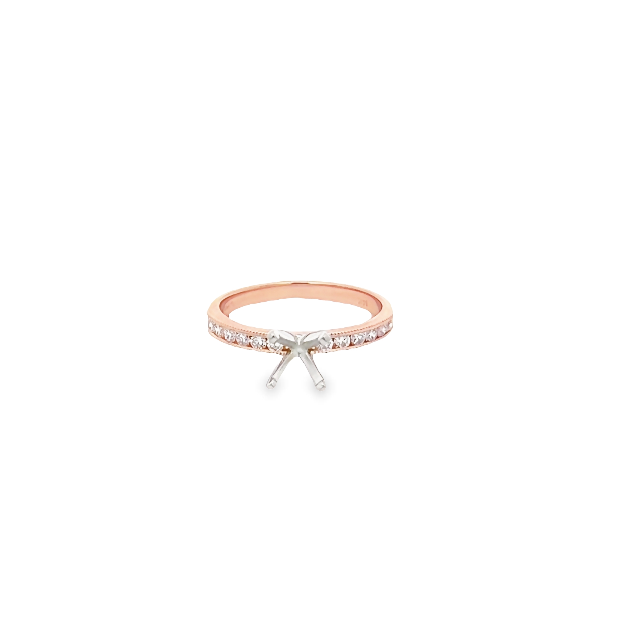 14 Karat Rose Gold Semi Mount Engagement Ring with 12 0.25 Total Weight Round Brilliant G Vs Diamonds. Size 7