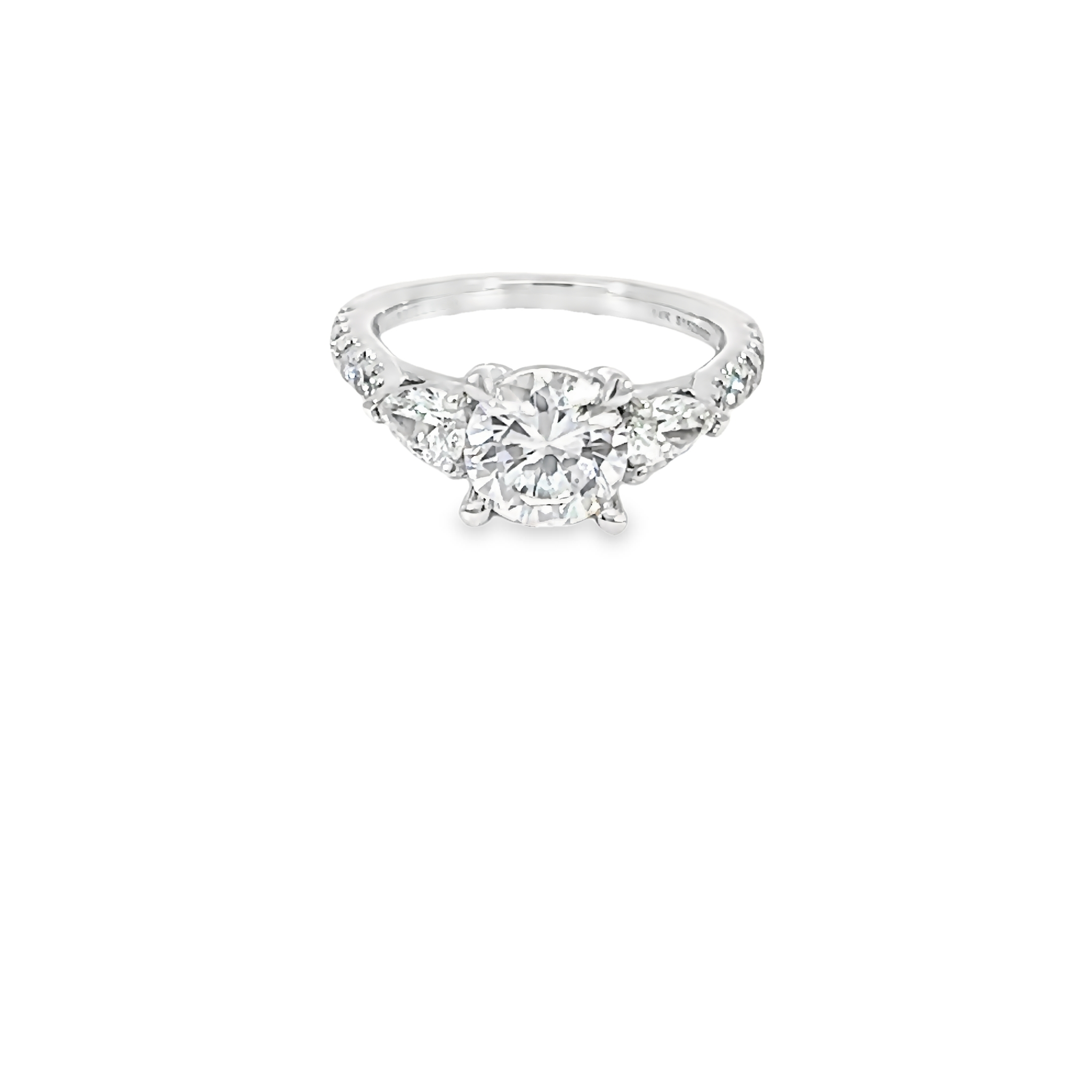 14 Karat White Gold Semi Mount Engagement Ring With 16=0.78 Total Weight Round Brilliant And Pear  G Vs Diamonds. Size 6.25