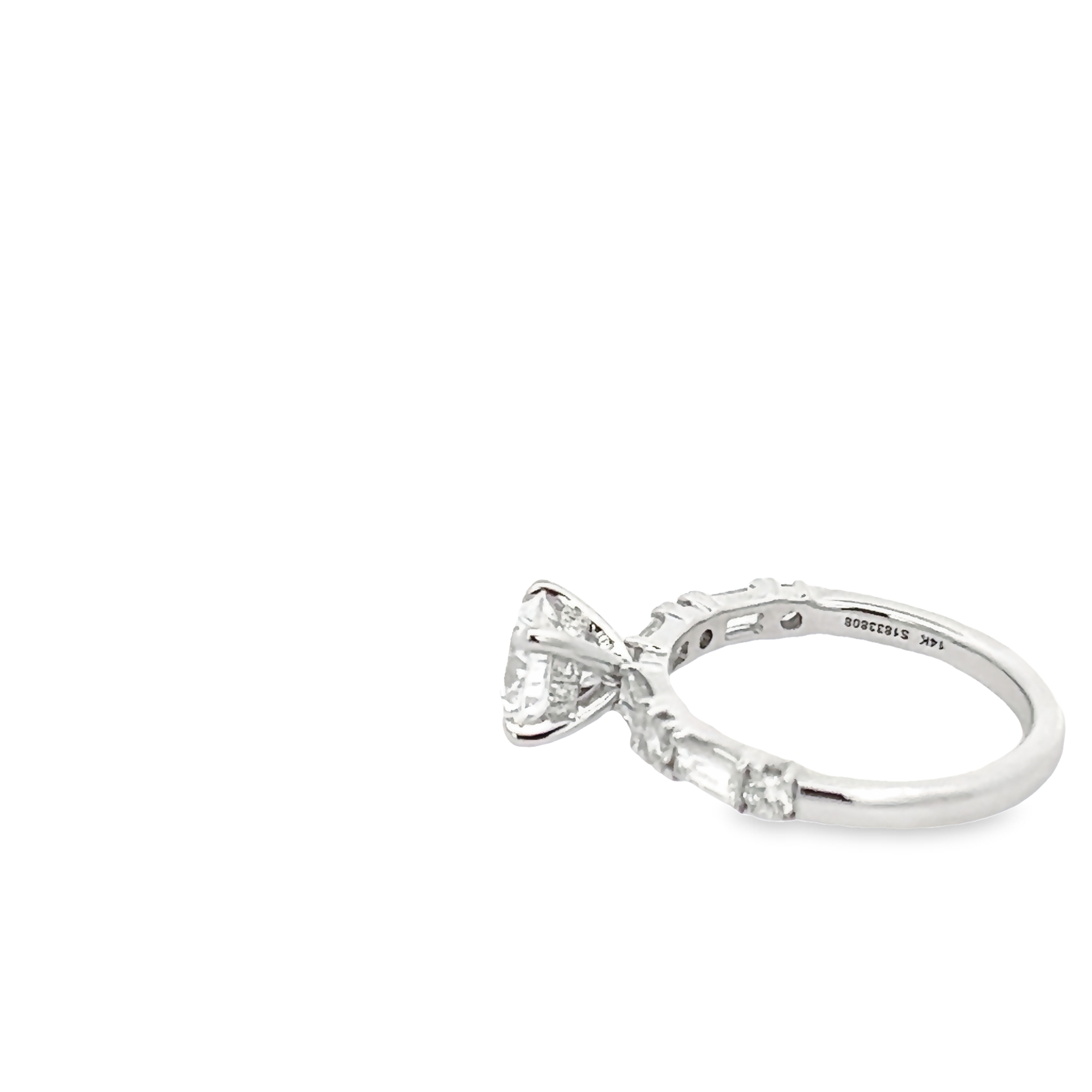 14 Karat White Gold Semi Mount Engagement Ring With 20=0.73 Total Weight Round Brilliant And Baguette  G Vs Diamonds. Size 6.25