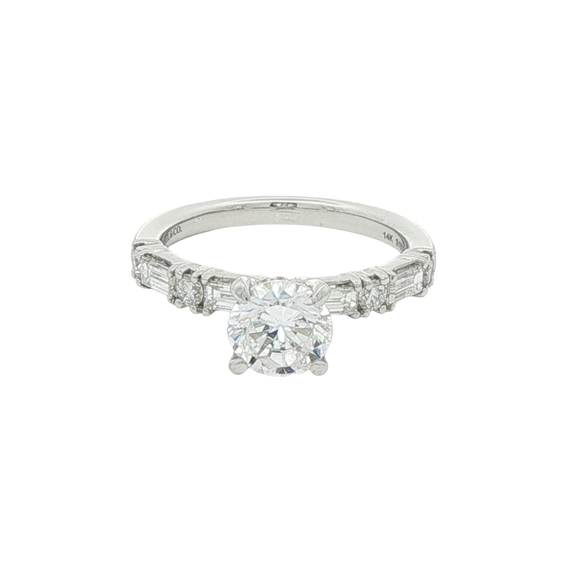 14 Karat White Gold Semi Mount Engagement Ring With 20=0.73 Total Weight Round Brilliant And Baguette  G Vs Diamonds. Size 6.25