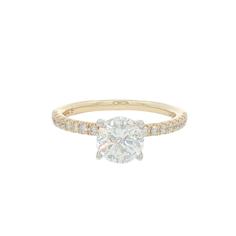 Lady's Two Tone 14 Karat Solitaire Small Accents Ring Size 6.5 Weight 1.8 18 = 0.21twt Round Brilliant G Vs Diamonds