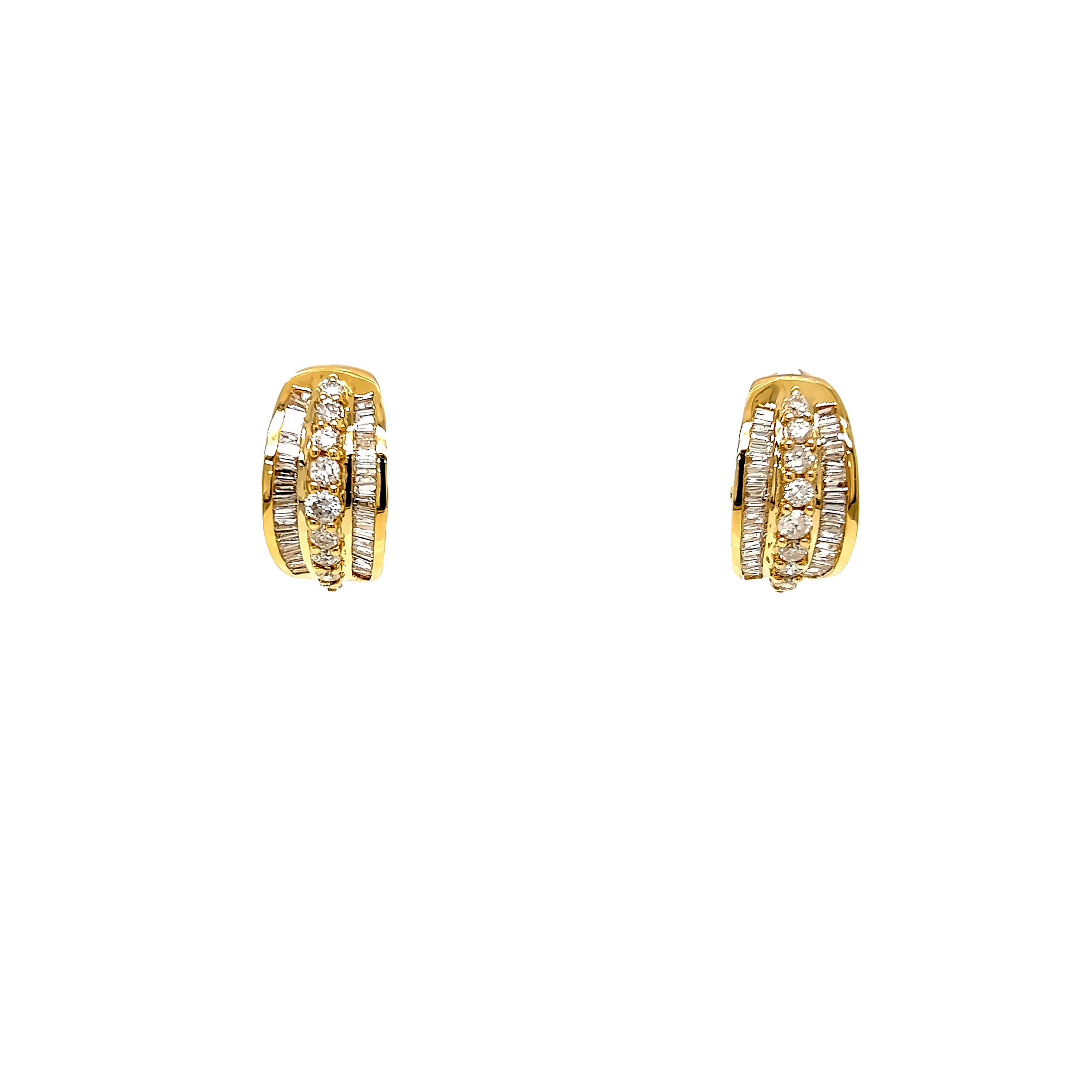 Yellow 14 Karat Baguette Diamond Earrings with 18=0.50tw Round Brilliant G SI Diamonds and   76=1.00tw Baguette G SI Diamonds
