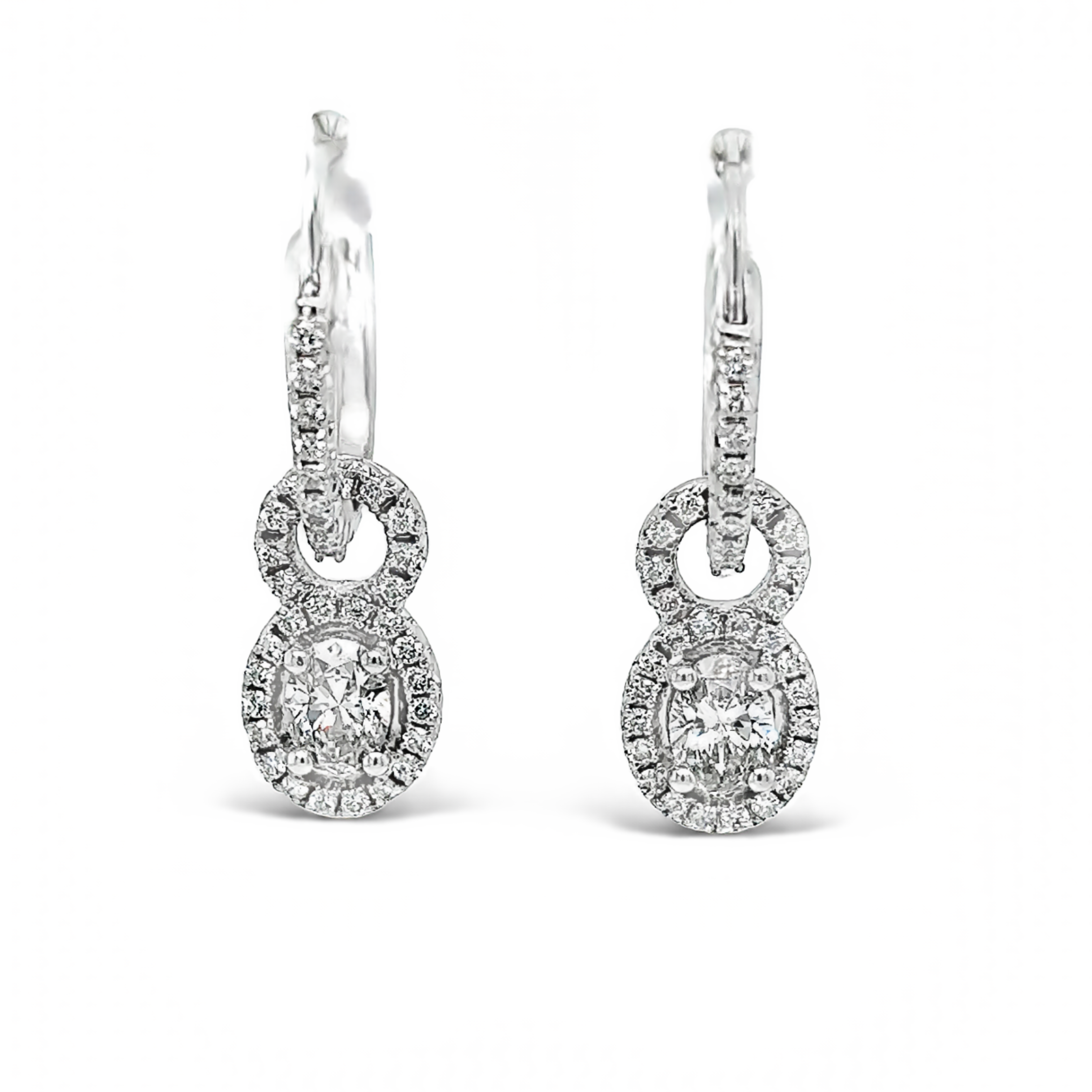 White 14 Karat Diamond Dangle Earrings With 2=1.16Tw Oval G I1 Diamonds And 72=0.66Tw Round Brilliant G SI Diamonds