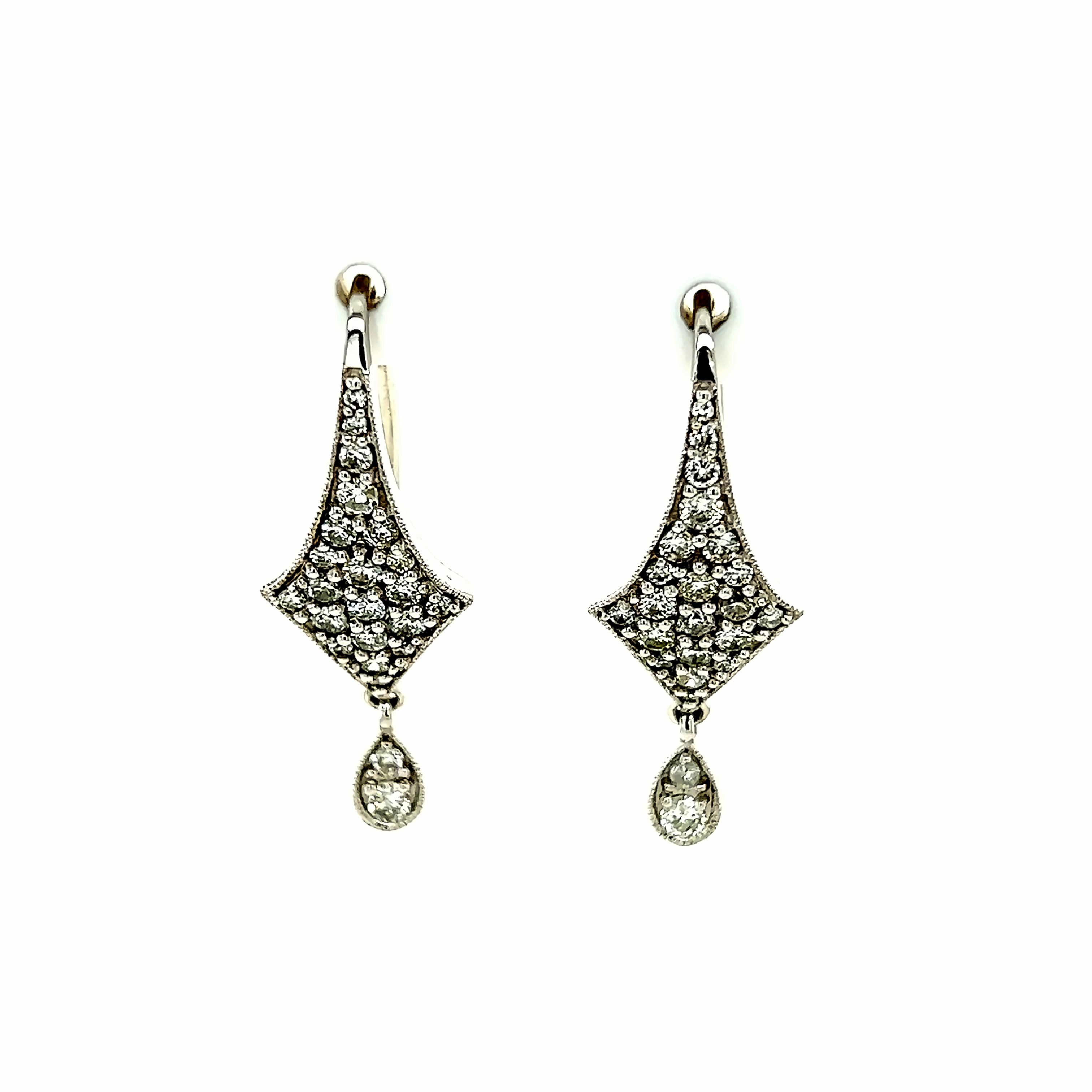 White 14 Karat Dangle Earrings with 46=1.10tw Round Brilliant G VS Diamonds