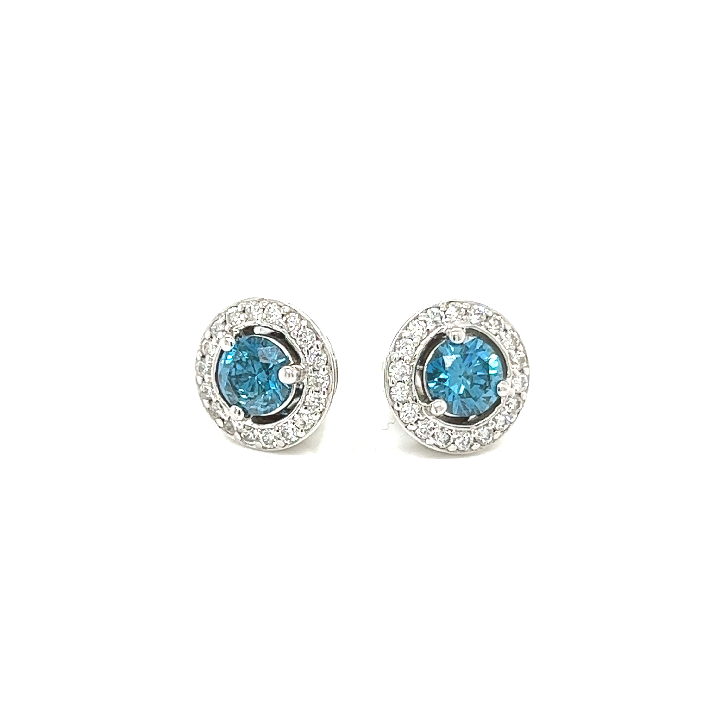 14 karat white gold halo earrings with 38=1.30tw round brilliant Diamonds including two irradiated blue center Diamonds  REF#150-1995