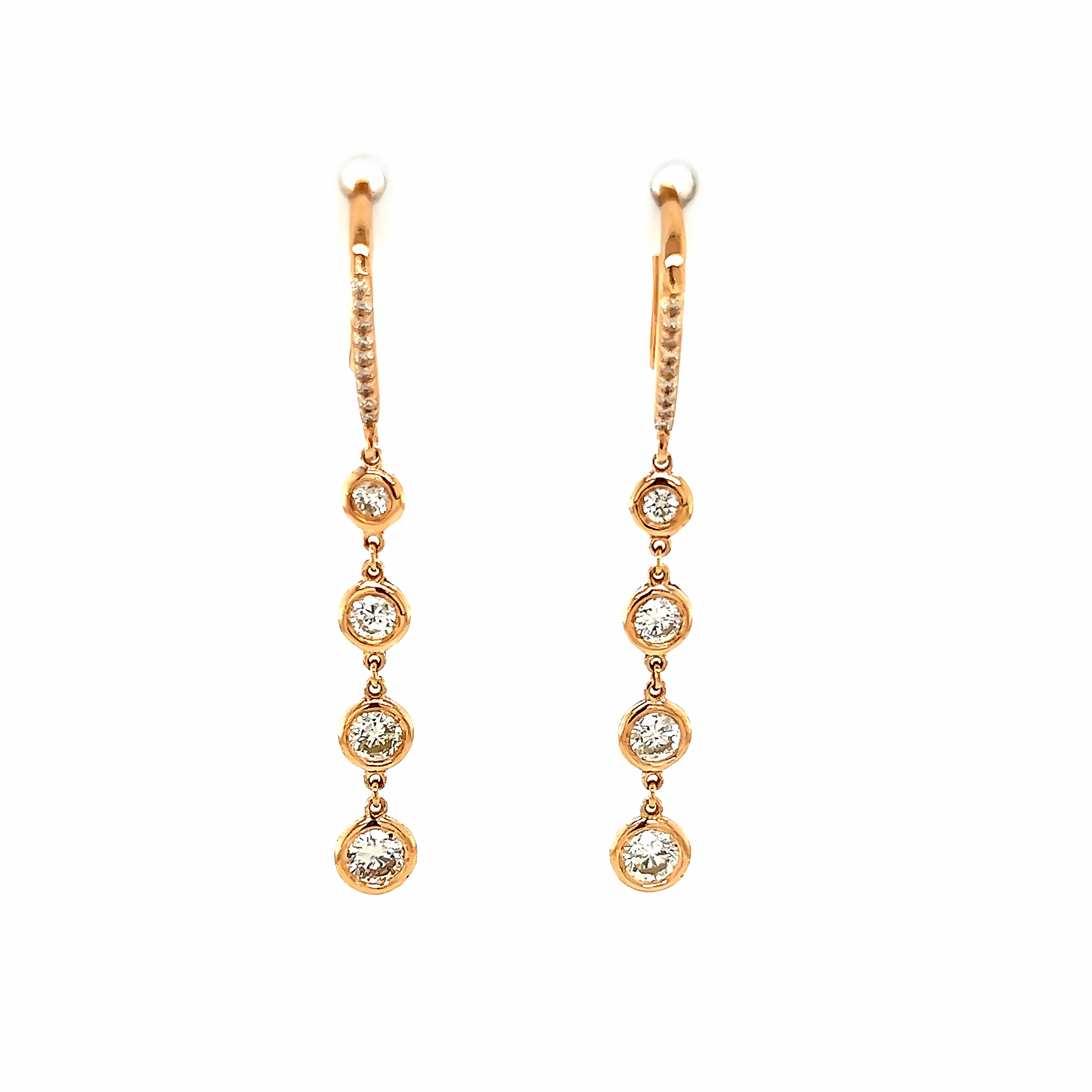 14 Karat rose gold Dangle Earrings with 26 round brilliant Diamonds. Diamond weight is .93 carats.  G/H color and VS clarity.  REF# 150-2002