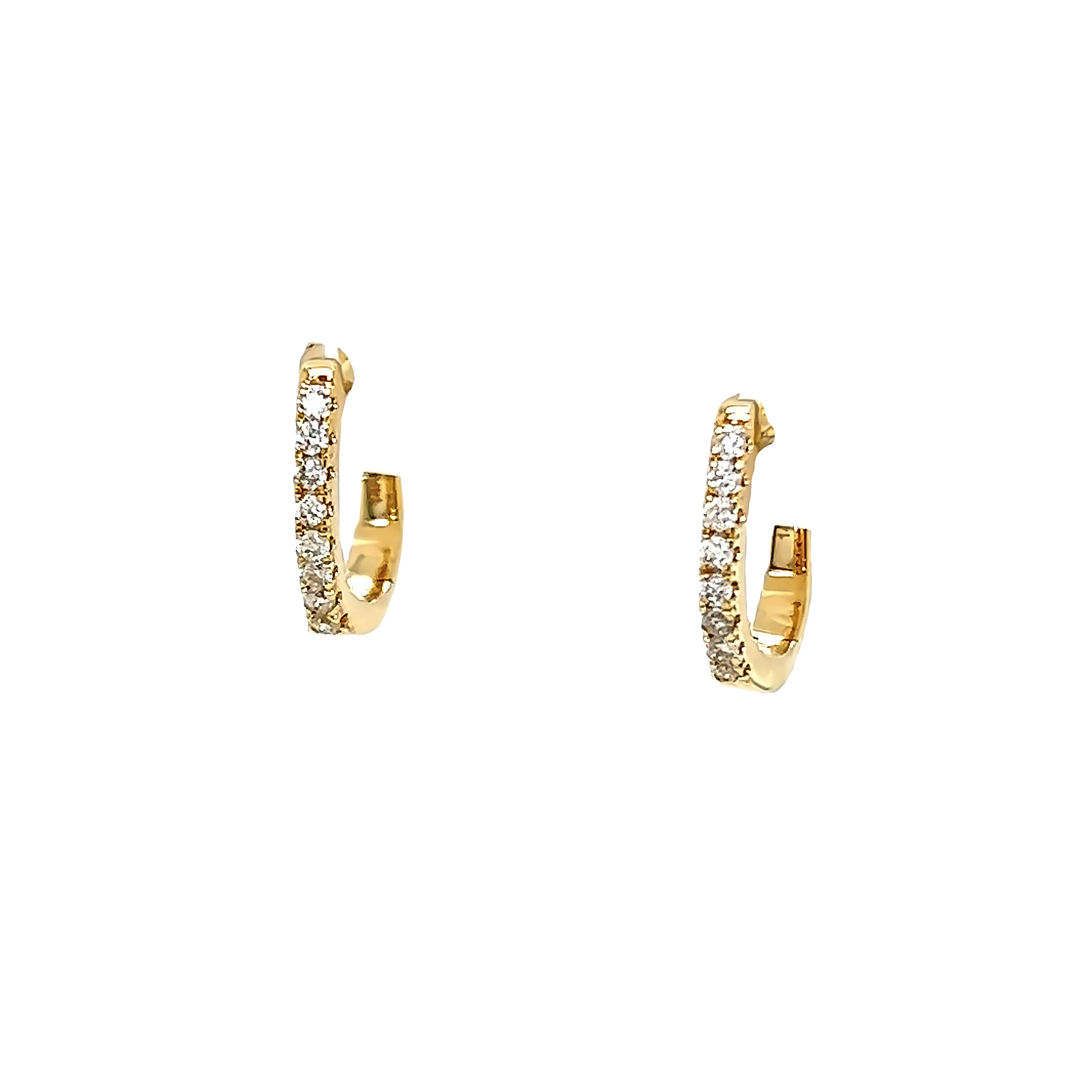 14 karat yellow gold huggie earrings with 16=.15 total weight round brilliant Diamonds with G color and I clarity.