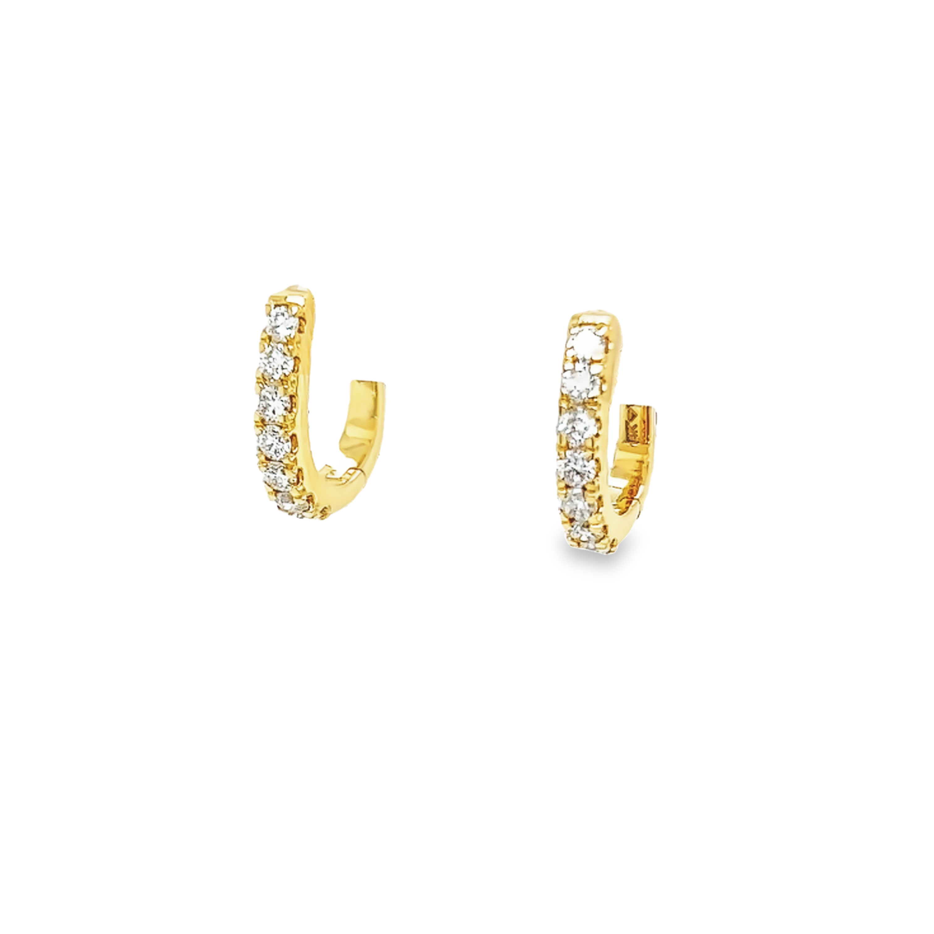 14 karat yellow gold huggie earrings with 14=.49 total weight round brilliant Diamonds. with G color and SI clarity.
