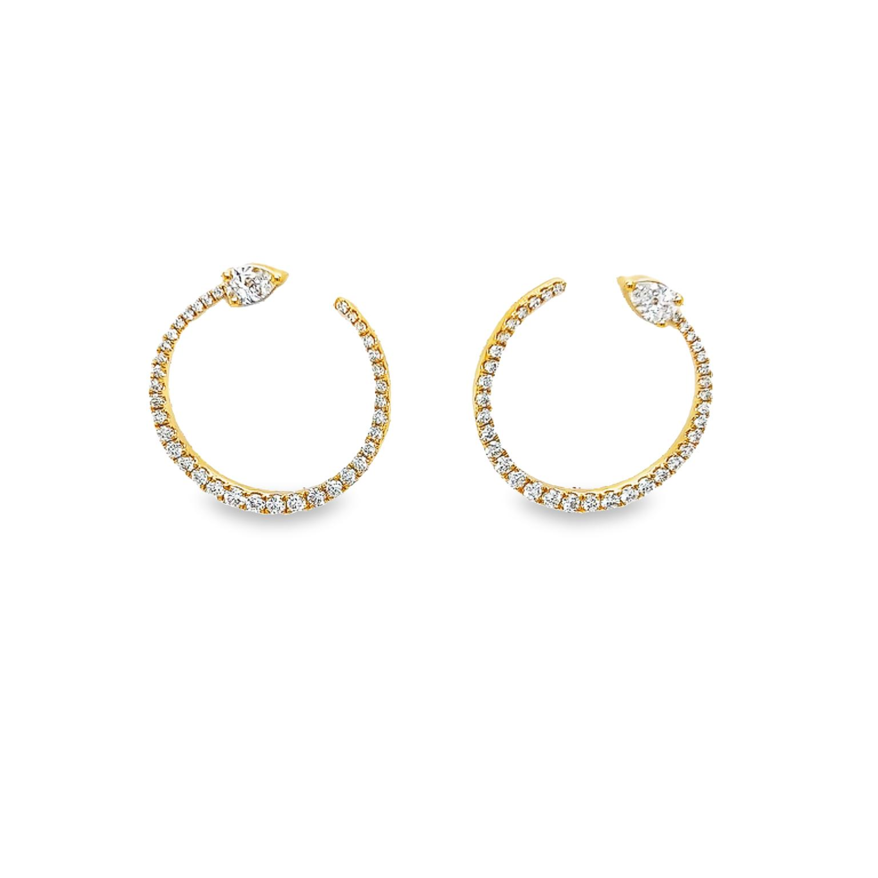 14 Karat yellow gold earrings with 2=0.50 total weight pear G VS Diamonds and 72=1.03 total weight round brilliant G VS Diamonds