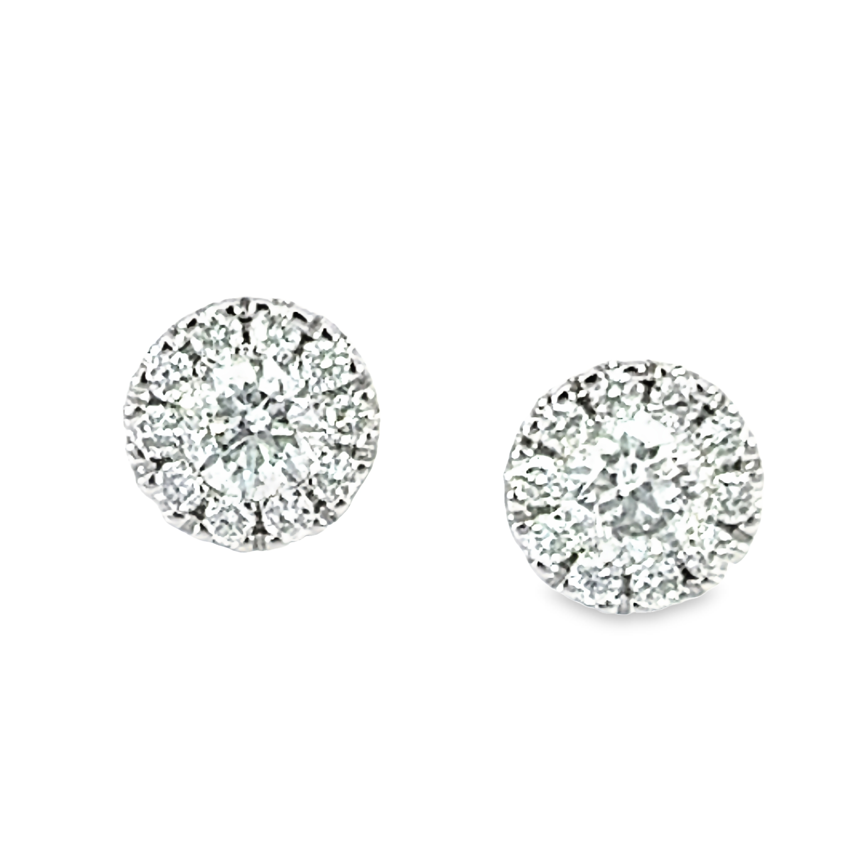 14 karat white gold halo stud earrings with 22=1.00 total weight Round Brilliant G I Diamonds